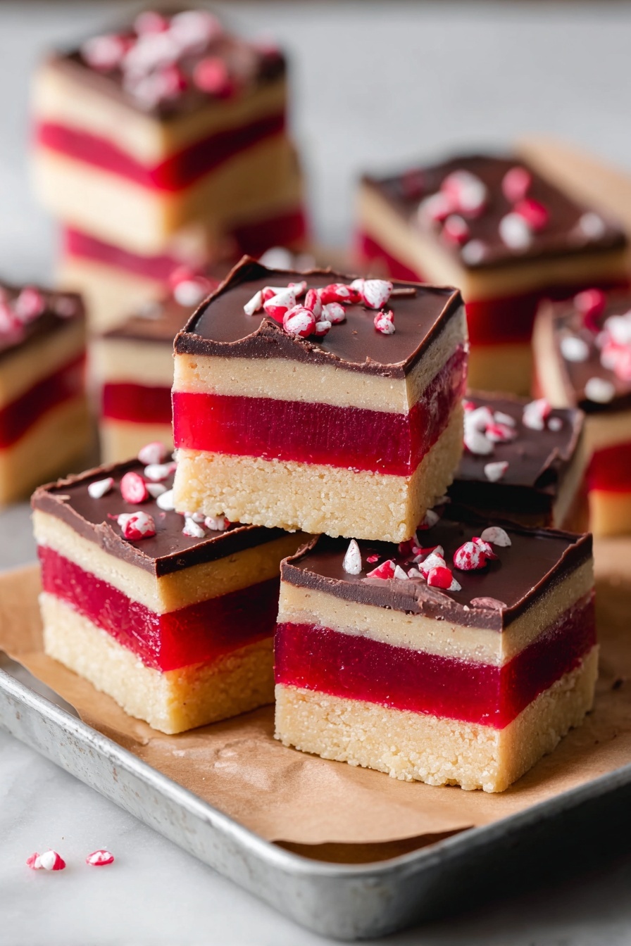 The image shows six square pieces of dessert arranged closely on a white marbled surface. Each piece has two clear layers: a thick bottom layer of smooth, medium brown and a thicker top layer of dark brown chocolate with a shiny texture. On top of the dark chocolate layer are scattered bright red and pink crushed candy pieces, adding a rough texture and colorful contrast. The pieces are cleanly sliced with sharp edges and placed in a neat pattern. photo taken with an iphone --ar 2:3 --v 7 - Raspberry Caramel Millionaires Shortbread, Raspberry Caramel Shortbread, Raspberry Caramel Bars, Raspberry Shortbread Dessert, Caramel Raspberry Treats