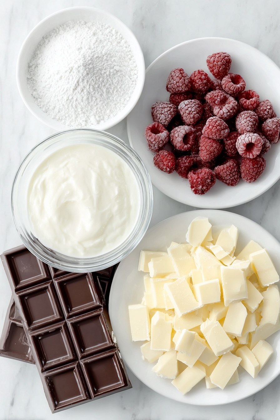 Flat lay of fresh frozen raspberries scattered naturally, a small mound of fine white powdered sugar on a simple white ceramic plate, a small white ceramic bowl filled with smooth heavy whipping cream, finely chopped white chocolate pieces arranged neatly on a white ceramic dish, a tiny white ceramic bowl containing clear water, and a block of glossy dark chocolate with 52% to 70% cocoa placed plainly on a white ceramic plate, all ingredients looking fresh and natural, balanced in perfect symmetry, placed on a clean white marble surface, soft natural light, photo taken with an iPhone, professional food photography style, fresh ingredients, white ceramic bowls, no bottles, no duplicates, no utensils, no packaging --ar 2:3 --v 7 --p m7354615311229779997 - Chocolate Raspberry Truffles, easy raspberry ganache truffles, homemade chocolate raspberry candies, elegant berry dessert, quick chocolate truffles recipe