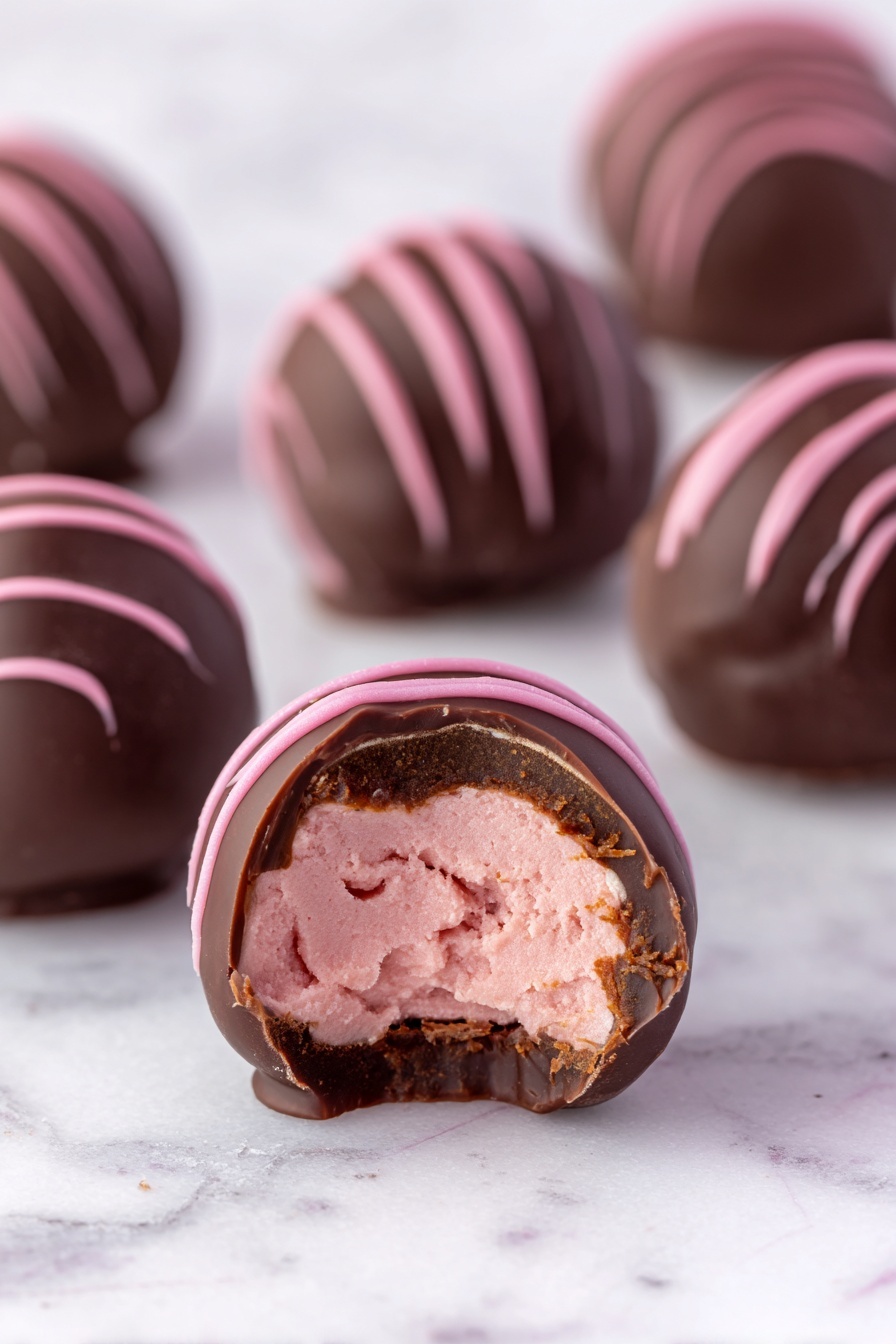 The image shows several round chocolate truffles on a white marbled surface. One truffle in the front is bitten, revealing two layers inside: a light pink creamy center with a soft texture and a thin outer layer of dark chocolate. The truffles are covered in dark chocolate with smooth pink drizzle lines on top, giving a nice contrast. The colors are mainly dark brown and pink, with the truffles arranged in a scattered pattern. Photo taken with an iphone --ar 2:3 --v 7 - Chocolate Raspberry Truffles, easy raspberry ganache truffles, homemade chocolate raspberry candies, elegant berry dessert, quick chocolate truffles recipe