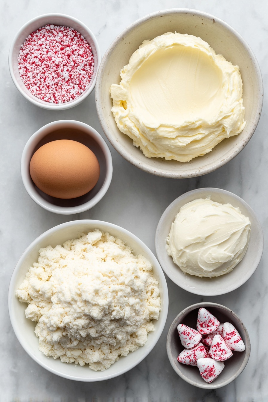 Flat lay of a simple white ceramic bowl filled with a colorful funfetti sugar cookie mix, a block of fresh cream cheese with a smooth surface, a single large brown egg with a clean, uncracked shell, a small white bowl holding pink sanding sugar sparkling softly, and a neat pile of unwrapped red foil-wrapped Hershey’s Strawberry Ice Cream Cone Kisses, all arranged in perfect symmetry, placed on a clean white marble surface, soft natural light, photo taken with an iPhone, professional food photography style, fresh ingredients, white ceramic bowls, no bottles, no duplicates, no utensils, no packaging --ar 2:3 --v 7 --p m7354615311229779997 - Strawberry Kiss Cookies, strawberry cookies with Hershey’s Kisses, easy strawberry cookie recipe, Valentine’s Day sugar cookies, soft strawberry cookies