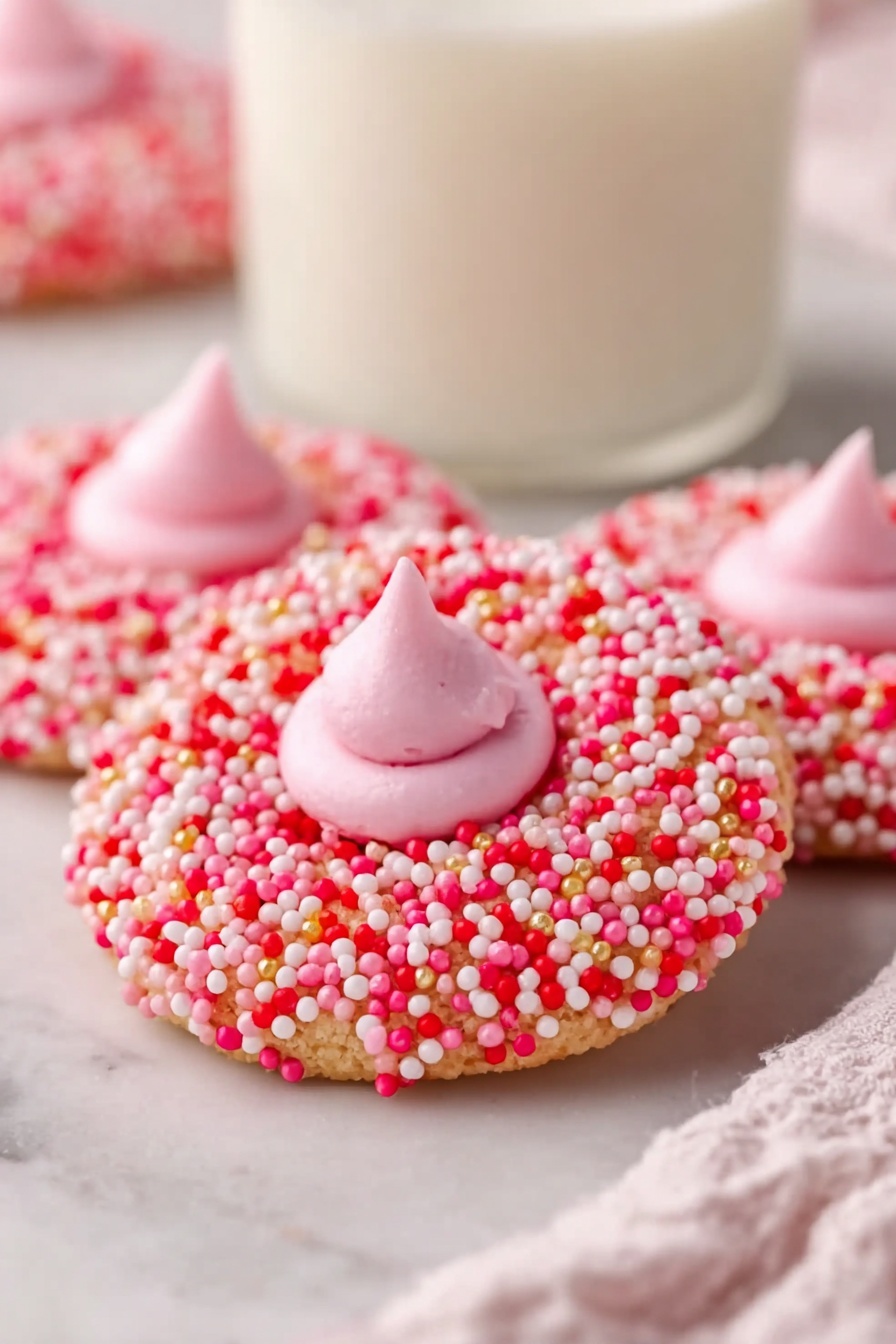 A baking tray lined with white parchment paper holds twelve round cookies arranged in three rows of four. Each cookie has two layers: the base layer is either covered fully in small pink, white, and red round sprinkles or dusted lightly with sugar, giving a white texture with some color specks. On top of each base is a smooth light pink dollop of frosting, shaped like a small rounded peak sitting right at the center of each cookie. The tray is on a white marbled surface with a soft white cloth in the background. photo taken with an iphone --ar 2:3 --v 7 - Strawberry Kiss Cookies, strawberry cookies with Hershey’s Kisses, easy strawberry cookie recipe, Valentine’s Day sugar cookies, soft strawberry cookies