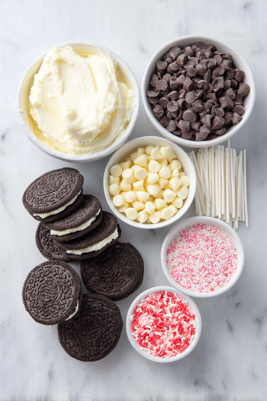 Flat lay of freshly baked whole Oreo cookies with creamy white filling visible in a few halves, a small white ceramic bowl filled with smooth white chocolate chips, another white bowl holding rich dark chocolate chips, a tidy bundle of plain white lollipop sticks, a small white bowl containing vibrant red and pink candy melts, and a separate white bowl of colorful Valentine’s Day heart-shaped sprinkles, all arranged in perfect symmetry on a clean white marble surface, soft natural light, photo taken with an iPhone, professional food photography style, fresh ingredients, white ceramic bowls, no bottles, no duplicates, no utensils, no packaging --ar 2:3 --v 7 --p m7354615311229779997 - Valentine's Day Oreo Pops, Oreo Pops, Valentine's Day Treats, Easy Oreo Pops, Holiday Dessert Ideas