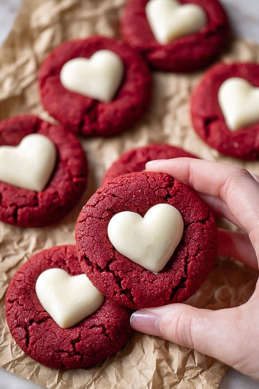 The image shows several round red cookies with a cracked, soft texture, each topped with a smooth white heart-shaped piece in the center, creating a strong color contrast. The cookies are placed on crumpled beige parchment paper over a white marbled texture surface. A woman's hand is holding one cookie close to the camera, showing the cookie’s thickness and detailed surface. The white heart pieces are slightly raised and glossy, making them stand out sharply against the deep red cookie base. The overall scene feels warm and inviting, with a focus on the contrast and texture of the cookies. Photo taken with an iphone --ar 2:3 --v 7 - Red Velvet Cookies with White Chocolate Hearts, festive red velvet cookies, easy holiday cookie recipes, soft and chewy red velvet cookies, white chocolate Valentine treats