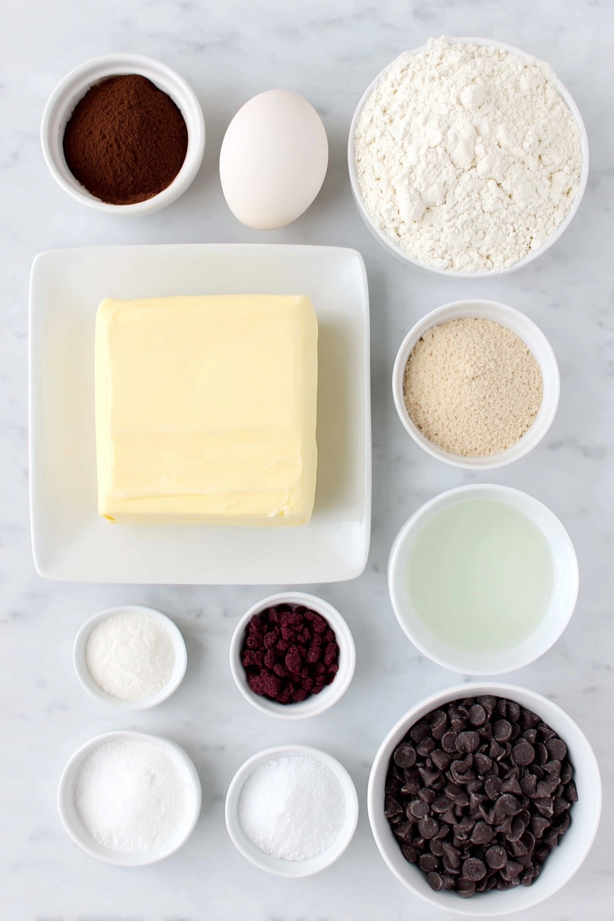 Flat lay of a large square of unsalted butter at room temperature, a small mound of packed light brown sugar, one large whole uncracked egg with a clean shell, a small white bowl of clear vanilla extract, a small white bowl of all-purpose flour, a small white bowl of Dutch-processed cocoa powder, a small white bowl containing baking soda, a small white bowl containing baking powder, a small white bowl of fine salt, a small white bowl filled with bright red freeze dried strawberries, a small white bowl filled with shiny semisweet chocolate chips, and a small white bowl holding smooth coconut oil, all arranged with perfect symmetry on a clean white marble surface, soft natural light, photo taken with an iPhone, professional food photography style, fresh ingredients, white ceramic bowls, no bottles, no duplicates, no utensils, no packaging --ar 2:3 --v 7 --p m7354615311229779997 - Chocolate Covered Strawberry Cookies, strawberry cookies with chocolate, easy chocolate strawberry cookies, homemade strawberry chocolate cookies, best strawberry cookie recipe