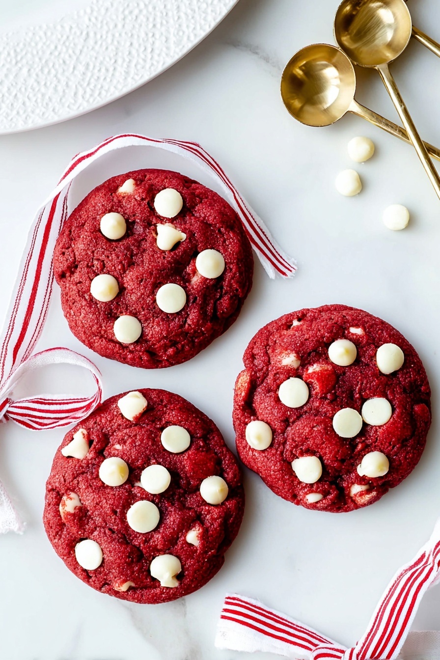 The image shows four red cookies with white chocolate chips on a white marbled surface. One cookie is whole with white chocolate chips visible on top, while two cookies are split open, showing a creamy white filling inside the rich red dough. The cookies are thick, with a soft and dense texture. There is a white plate with a scalloped edge and some golden measuring spoons with white handles nearby. A white cloth with red stripes is partially visible in the bottom left and right corners. Photo taken with an iphone --ar 2:3 --v 7 - Cheesecake-Stuffed Red Velvet Cookies, Red Velvet Cheesecake Cookies, Red Velvet Cookies with Cheesecake Filling, Creamy Cheesecake Cookies, Red Velvet Dessert Recipes