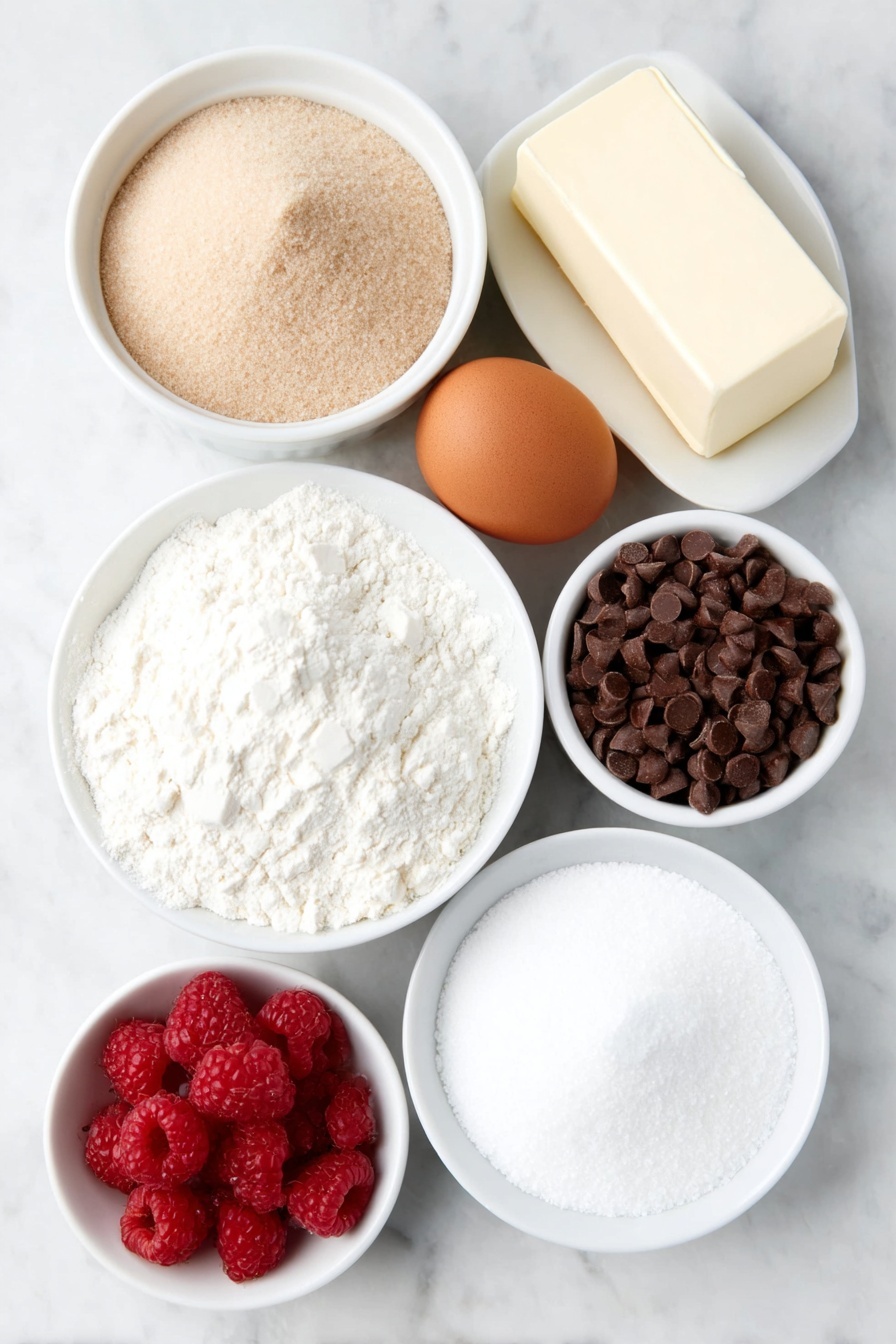 Flat lay of a small mound of all-purpose flour, a neat pile of rich cocoa powder, a few scattered semi-sweet chocolate chips, a stick of unsalted butter softened, two whole uncracked brown eggs, a small white ceramic bowl filled with light brown packed brown sugar, another small white bowl with fine white granulated sugar, a single vanilla bean pod, a cluster of fresh vibrant red raspberries, a small block of full-fat cream cheese, a smooth mound of white powdered sugar in a small white bowl, and a delicate sprinkle of coarse salt crystals arranged symmetrically, all placed on a clean white marble surface, soft natural light, photo taken with an iPhone, professional food photography style, fresh ingredients, white ceramic bowls, no bottles, no duplicates, no utensils, no packaging --ar 2:3 --v 7 --p m7354615311229779997 - Chocolate Raspberry Sandwich Cookies, chocolate raspberry cookies, raspberry cream cheese cookies, easy chocolate sandwich cookies, gourmet raspberry cookies