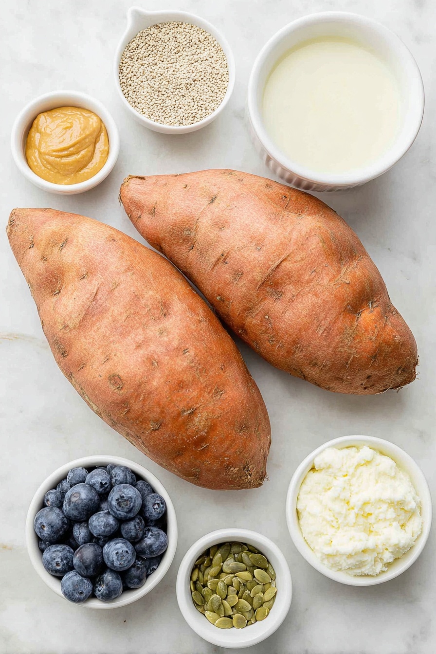 Flat lay of two whole large sweet potatoes with rustic orange skin, a small white bowl of raw hemp seeds, a small white bowl filled with creamy almond milk, a small white bowl holding smooth almond butter, a small white bowl of golden maple syrup, a small white bowl of ground cinnamon powder, a small white bowl of vanilla extract, a small heap of fresh plump blueberries, a small pile of green pumpkin seeds, and a dollop of plain Greek yogurt in a small white bowl, all arranged symmetrically with balanced spacing, placed on a clean white marble surface, soft natural light, photo taken with an iPhone, professional food photography style, fresh ingredients, white ceramic bowls, no bottles, no duplicates, no utensils, no packaging --ar 2:3 --v 7 --p m7354615311229779997 - Sweet Potato Breakfast Bowl with Blueberries, healthy breakfast bowl recipes, nutritious breakfast ideas, easy plant-based breakfast, blueberry breakfast bowl
