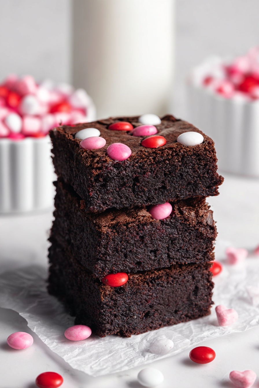 A stack of three dark chocolate brownies, each thick and moist with a rich texture. The brownies have a slightly cracked top layer dotted with colorful red, pink, and white candy-coated chocolates pressed into the surface. Around the base of the stack, more candy-coated chocolates are scattered on a crumpled white paper that lies on a white marbled texture. In the background, a white fluted bowl filled with more of the same red, pink, and white candies is partially visible, alongside a tall white bottle blurred softly. Photo taken with an iphone --ar 2:3 --v 7 - M&M’s Brownies, chocolate brownies with M&Ms, easy brownie recipes, fudgy brownie dessert, colorful candy brownies