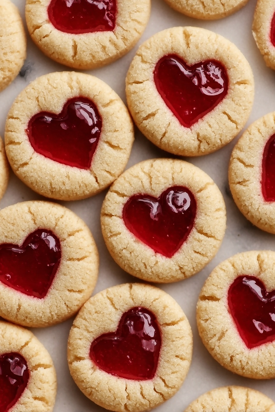 The image shows many round cookies with a light golden-brown color, each having a heart-shaped red jelly in the center. The cookies have a smooth, slightly cracked texture around the edges, surrounding the soft, shiny jam shapes. The cookies are placed closely together on a white marbled surface without any plate visible. Photo taken with an iphone --ar 2:3 --v 7 - Thumbprint Heart Cookies with Jam Filling, Valentine’s Day Cookie Ideas, Easy Jam Thumbprint Cookies, Heart-Shaped Cookie Recipes, Butter Cookies with Jam