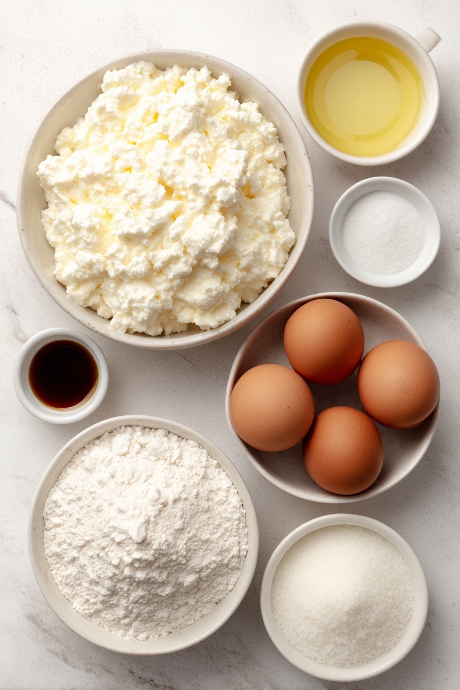 Flat lay of a small white ceramic bowl filled with fresh, creamy cottage cheese, four whole brown eggs with clean shells, a small white bowl containing golden vanilla extract, a small white bowl of fine white sugar, a small white bowl holding fluffy white baking powder, a small white ceramic bowl with smooth white flour, and a small white bowl of clear pale yellow canola oil, all arranged symmetrically and balanced, placed on a clean white marble surface, soft natural light, photo taken with an iPhone, professional food photography style, fresh ingredients, white ceramic bowls, no bottles, no duplicates, no utensils, no packaging --ar 2:3 --v 7 --p m7354615311229779997 - Cheese Cottage Pancakes, cheesy cottage cheese pancakes, fluffy cottage cheese pancakes, easy cheese pancake recipe, breakfast cheese pancakes