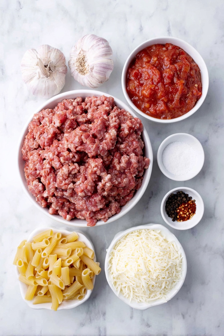 Flat lay of one cup of ziti pasta, a mound of fresh raw Italian sausage crumbles, four whole brown garlic bulbs unpeeled, a small white bowl filled with bright red crushed tomatoes, a small white bowl with coarse white salt crystals, a small white bowl holding white granulated sugar, a small white bowl with red crushed chili flakes, a small white bowl of heavy cream, a small heap of grated pecorino Romano cheese, a small bunch of fresh green basil leaves, a small mound of shredded whole milk mozzarella cheese, all arranged with perfect symmetry on a clean white marble surface, soft natural light, photo taken with an iPhone, professional food photography style, fresh ingredients, white ceramic bowls, no bottles, no duplicates, no utensils, no packaging --ar 2:3 --v 7 --p m7354615311229779997 - Baked Ziti with Sausage and Cream, cheesy baked ziti, Italian sausage pasta bake, creamy baked ziti recipe, hearty pasta casserole
