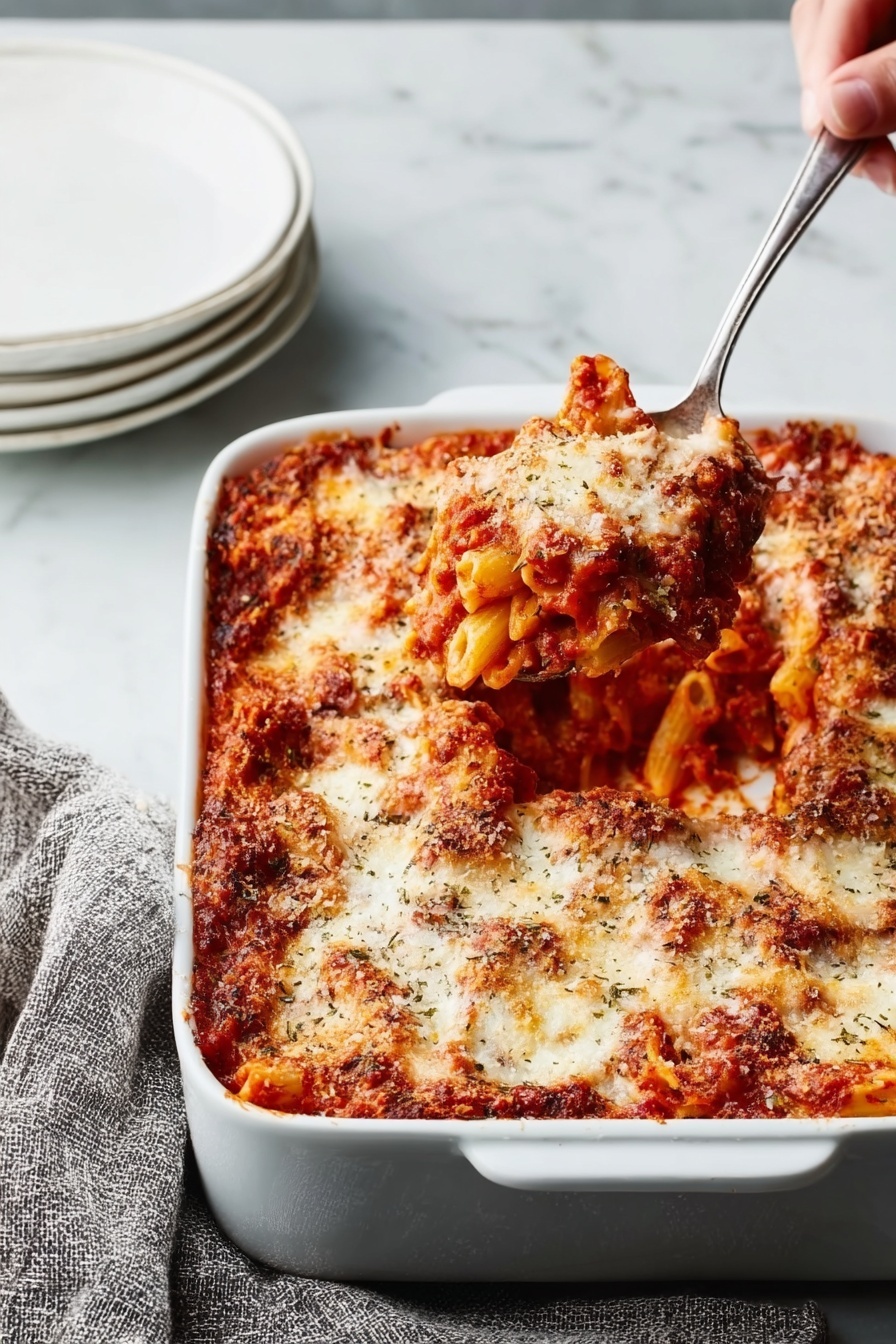 The image shows a white rectangular baking dish filled with baked pasta covered in tomato sauce and melted cheese. The dish features at least two distinct layers: a bottom layer of pasta coated in a rich red tomato sauce with visible herbs, and a thick top layer of bubbling, golden-browned melted cheese that is unevenly spread, giving a textured look. A silver spoon lifts a serving of the pasta from the lower right corner of the dish, revealing more sauce and pasta underneath. The background has a white marbled texture with a white plate stack on the left and a textured gray cloth on the right. A woman's hand holds the spoon, lifting the food. Photo taken with an iphone --ar 2:3 --v 7 - Baked Ziti with Sausage and Cream, cheesy baked ziti, Italian sausage pasta bake, creamy baked ziti recipe, hearty pasta casserole