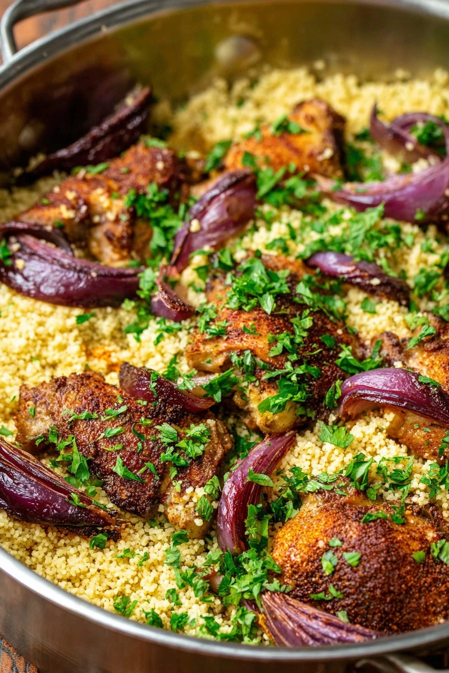 A stainless steel pan filled with three layers starts with a base of cooked couscous, light yellow and fluffy with a grainy texture, spread evenly across the pan. On top, several pieces of browned chicken thighs show a dark, spicy seasoning coating, some pieces peeking through the couscous. Scattered among the chicken and couscous are roasted red onion wedges with a deep purple color and slightly charred edges. Fresh chopped green parsley is sprinkled all over, adding a bright color contrast to the dish. Photo taken with an iphone --ar 2:3 --v 7 - Moroccan Spiced Chicken with Couscous, Moroccan chicken and couscous, Middle Eastern chicken recipes, aromatic Moroccan chicken dish, easy Moroccan chicken dinner