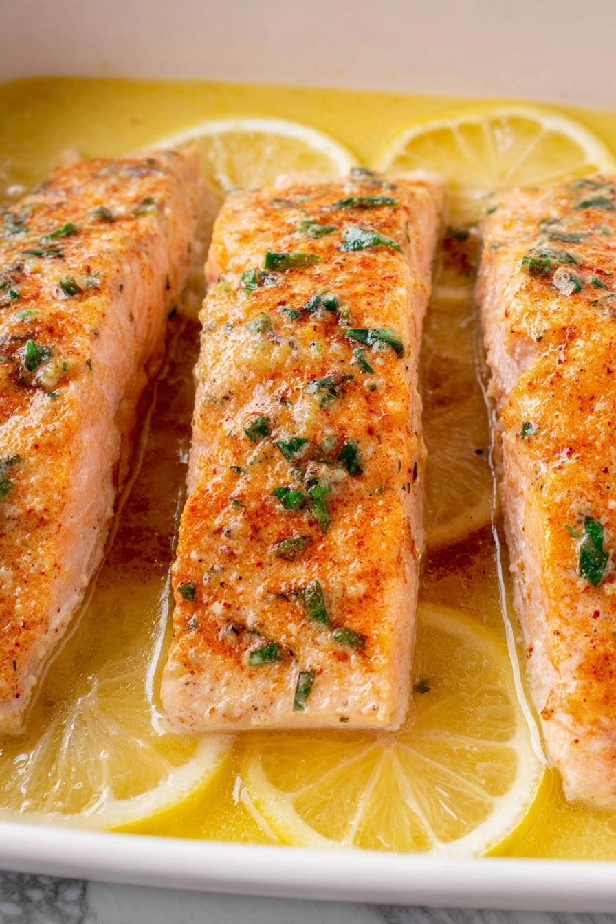 Three pieces of cooked salmon lay side by side in a white dish, each piece topped with a light orange spice mix and small green herb bits. The salmon has a soft, moist texture with a slightly flaky look. The dish is filled with a yellow, buttery sauce, and thin lemon slices rest underneath and around the salmon, adding a bright touch. The background is a white marbled texture. photo taken with an iphone --ar 2:3 --v 7 - Baked Salmon with Italian Seasoning, Italian Seasoned Salmon, Easy Baked Salmon Recipe, Lemon Herb Salmon, Healthy Salmon Dinner