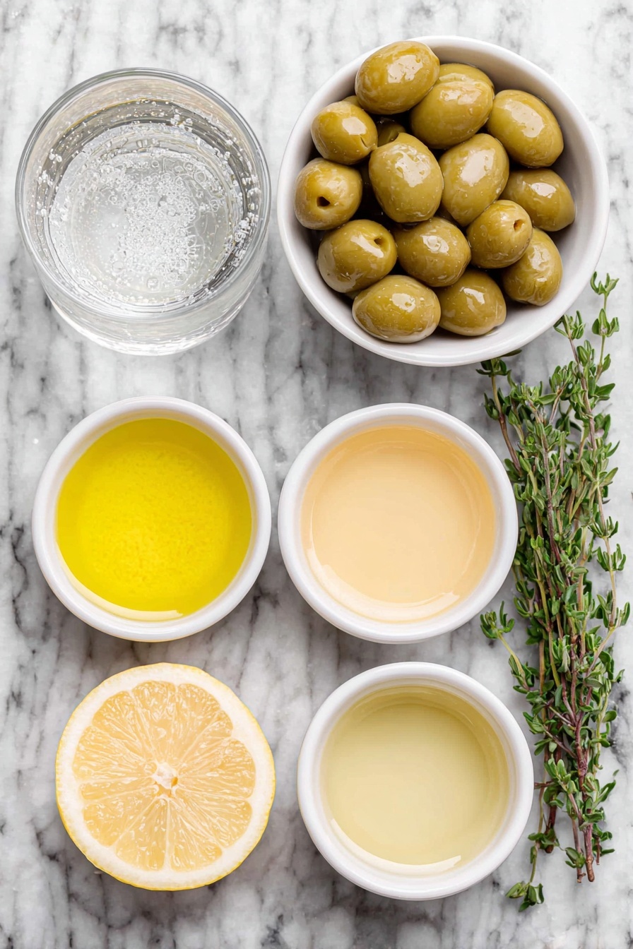 Flat lay of a small white ceramic bowl of bright green olives, a fresh sprig of thyme with delicate green leaves, a small white ceramic bowl filled with clear tonic water, a small white ceramic bowl containing vibrant yellow lemon juice, a small white ceramic bowl of pale golden citrus aperitivo, and a small white ceramic bowl holding cloudy olive brine, all arranged in perfect symmetry and realistic proportions, placed on a clean white marble surface, soft natural light, photo taken with an iPhone, professional food photography style, fresh ingredients, white ceramic bowls, no bottles, no duplicates, no utensils, no packaging --ar 2:3 --v 7 --p m7354615311229779997 - Dirty Spritz with Citrus and Olive Brine, citrus spritz cocktail, salty olive brine drink, refreshing citrus cocktail, easy alcohol recipes