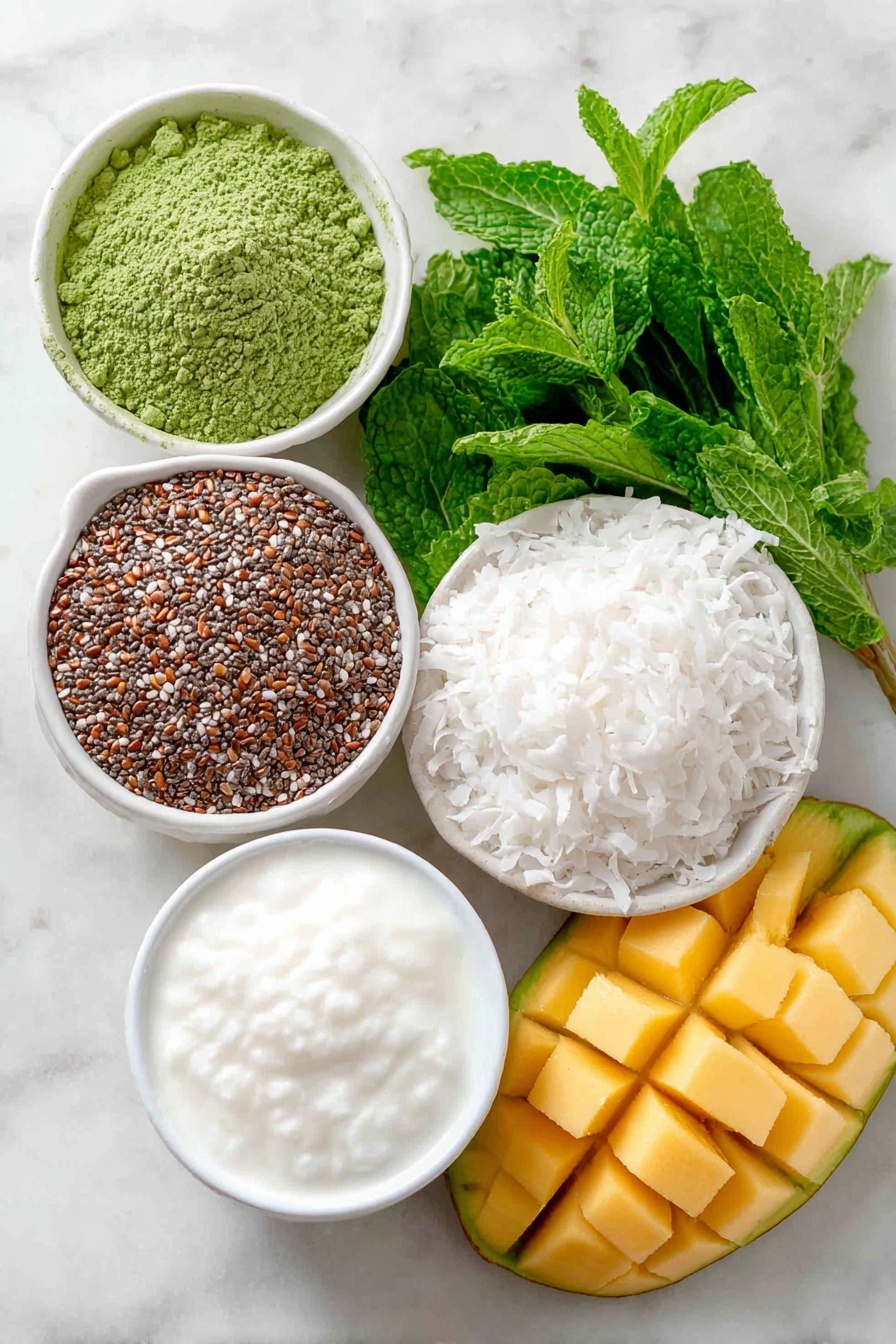 Flat lay of small white ceramic bowls containing raw chia seeds, bright green matcha powder, creamy coconut milk, and delicate white coconut flakes, a large peeled mango cut into vibrant golden cubes, fresh mint leaves with bright green hues arranged neatly, all ingredients fresh and natural, placed on a clean white marble surface, soft natural light, photo taken with an iPhone, professional food photography style, fresh ingredients, white ceramic bowls, no bottles, no duplicates, no utensils, no packaging --ar 2:3 --v 7 --p m7354615311229779997 - Vegan Matcha Mango Chia Pudding, healthy vegan breakfast, tropical chia pudding, plant-based dessert, easy vegan pudding