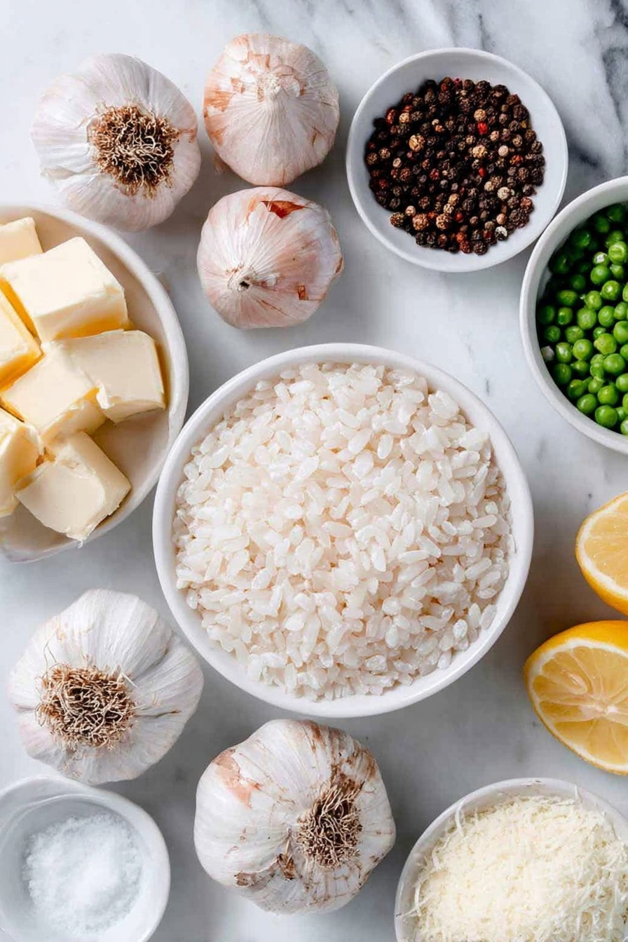 Flat lay of a medium shallot diced, four whole uncracked garlic cloves, a small white ceramic bowl of Arborio rice, a white ceramic bowl with fresh vegetable broth, a few small cubes of fresh butter, a small white ceramic bowl of coarse salt, a small white ceramic bowl of whole black peppercorns, a whole fresh lemon with visible zest and one lemon half juiced, a small white ceramic bowl of fresh green peas, and a small white ceramic bowl of finely grated Parmesan cheese all arranged in perfect symmetry placed on a clean white marble surface, soft natural light, photo taken with an iPhone, professional food photography style, fresh ingredients, white ceramic bowls, no bottles, no duplicates, no utensils, no packaging --ar 2:3 --v 7 --p m7354615311229779997 - Creamy Lemon Parmesan Risotto in Rice Cooker, lemon parmesan risotto, easy rice cooker risotto, quick risotto recipes, flavorful rice cooker dinner