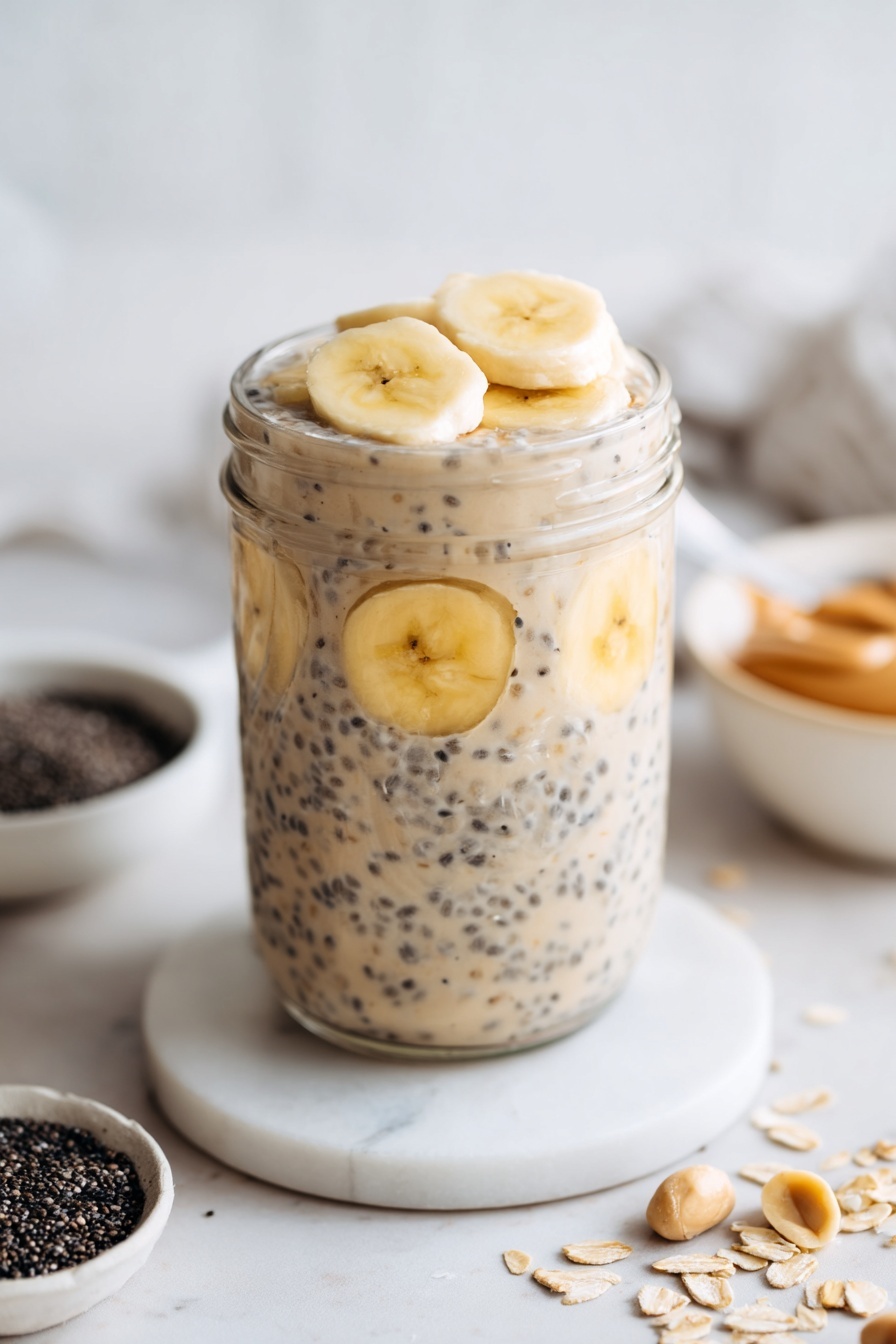 A clear glass jar filled with three layers of a creamy beige mixture with tiny black chia seeds. The middle layer is lined with round slices of light yellow banana pressed against the jar’s side, and the top layer is garnished with more banana slices. The jar sits on a white circular coaster placed on a white marbled surface. Nearby, there are small white bowls, one filled with black chia seeds and another with peanut butter. Some oat flakes and peanuts are scattered on the surface. The background is softly blurred with white tones. Photo taken with an iphone --ar 2:3 --v 7 - Healthy Peanut Butter Banana Overnight Oats, overnight oats with peanut butter and banana, healthy breakfast ideas, nutritious breakfast recipes, easy overnight oats