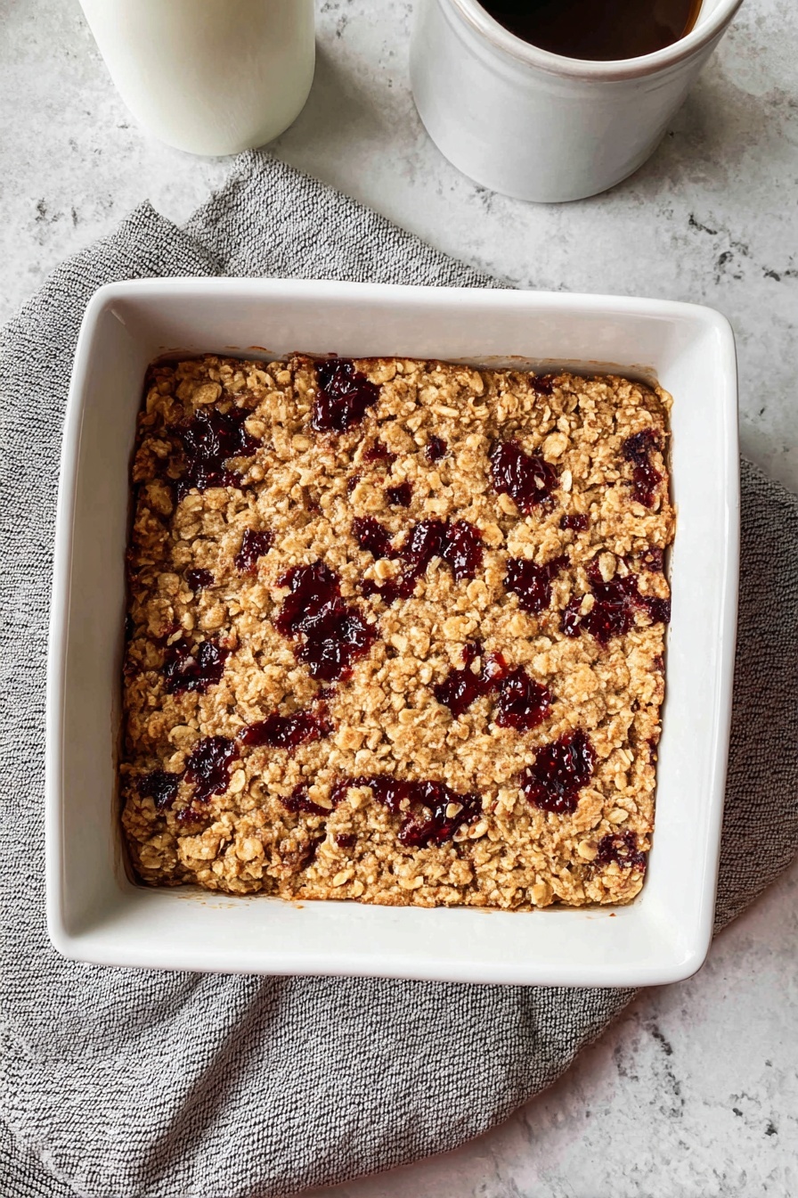 A square white baking dish holds a single-layer oat bar with a light golden brown color and dark red jam spots scattered evenly across the surface, giving a slightly rough and crumbly texture. The dish rests on a gray cloth that is placed on a white marbled textured surface. A white jar is partially visible in the top left corner of the image. photo taken with an iphone --ar 2:3 --v 7 - Peanut Butter and Jelly Baked Oatmeal, peanut butter and jelly breakfast ideas, healthy baked oatmeal recipes, nostalgic breakfast with oats, easy brunch recipes