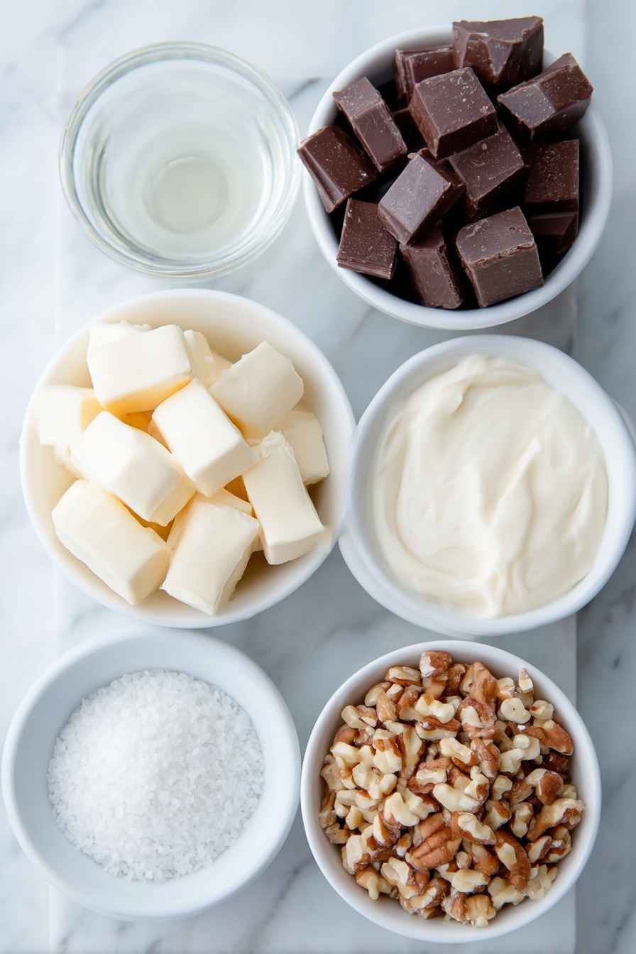 Flat lay of a small white ceramic bowl filled with thick sweetened condensed milk, a few glossy semi-sweet chocolate chunks roughly chopped, several soft pale yellow pieces of unsalted butter at room temperature, a small white ceramic bowl holding clear pure vanilla extract, a small white ceramic bowl with flaky sea salt crystals, and a small white ceramic bowl containing chopped mixed nuts, all arranged symmetrically and balanced, placed on a clean white marble surface, soft natural light, photo taken with an iPhone, professional food photography style, fresh ingredients, white ceramic bowls, no bottles, no duplicates, no utensils, no packaging --ar 2:3 --v 7 --p m7354615311229779997 - Foolproof Chocolate Fudge, easy chocolate fudge recipe, creamy fudge dessert, quick chocolate fudge, homemade chocolate fudge