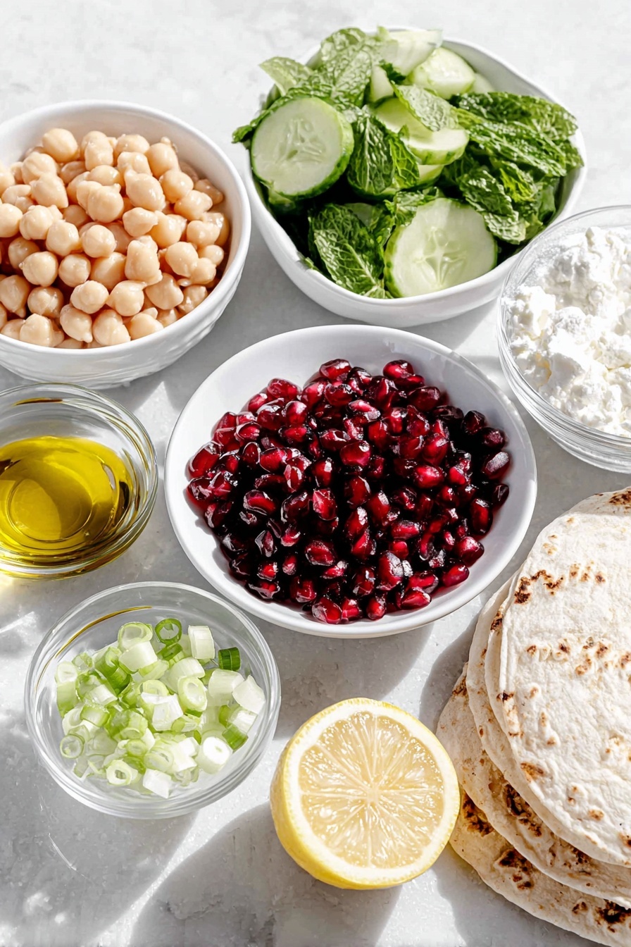 Flat lay of fresh whole baby cucumbers, a small white ceramic bowl of drained chickpeas, thinly sliced bright red radishes arranged neatly, a cluster of glossy deep red pomegranate seeds in a small white bowl, finely sliced pale green spring onion scattered lightly, a small white bowl filled with freshly chopped vibrant green mint leaves, a small white bowl of golden olive oil, a small white bowl of amber maple syrup, a halved lemon showing juicy pulp, a small white bowl with smooth beige tahini, a small white bowl of thick white coconut yoghurt, a small mound of crumbled vegan feta cheese, a small stack of round pale yellow tortillas, all placed with perfect symmetry on a clean white marble surface, soft natural light, photo taken with an iPhone, professional food photography style, fresh ingredients, white ceramic bowls, no bottles, no duplicates, no utensils, no packaging --ar 2:3 --v 7 --p m7354615311229779997 - Smashed Cucumber Chickpea Salad with Tahini Cream, healthy cucumber chickpea salad, vegan cucumber salad, refreshing tahini chickpea dish, easy summer salad