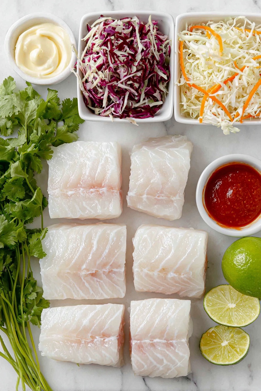 Flat lay of fresh raw cod fish fillets cut into 1-inch pieces arranged neatly, a few lime wedges and one halved lime showing bright green flesh, a small white ceramic bowl of creamy mayonnaise next to a small white bowl of vivid red sriracha sauce, a crisp colorful slaw mix of shredded red cabbage, white cabbage, and orange carrots, a few sprigs of fresh green cilantro, a small white bowl containing vibrant golden olive oil, all placed on a clean white marble surface, soft natural light, photo taken with an iPhone, professional food photography style, fresh ingredients, white ceramic bowls, no bottles, no duplicates, no utensils, no packaging --ar 2:3 --v 7 --p m7354615311229779997 - Fish Taco Bowl with Spicy Mayo, fish taco bowl, spicy mayo fish bowl, quick fish taco dinner, healthy fish taco recipe