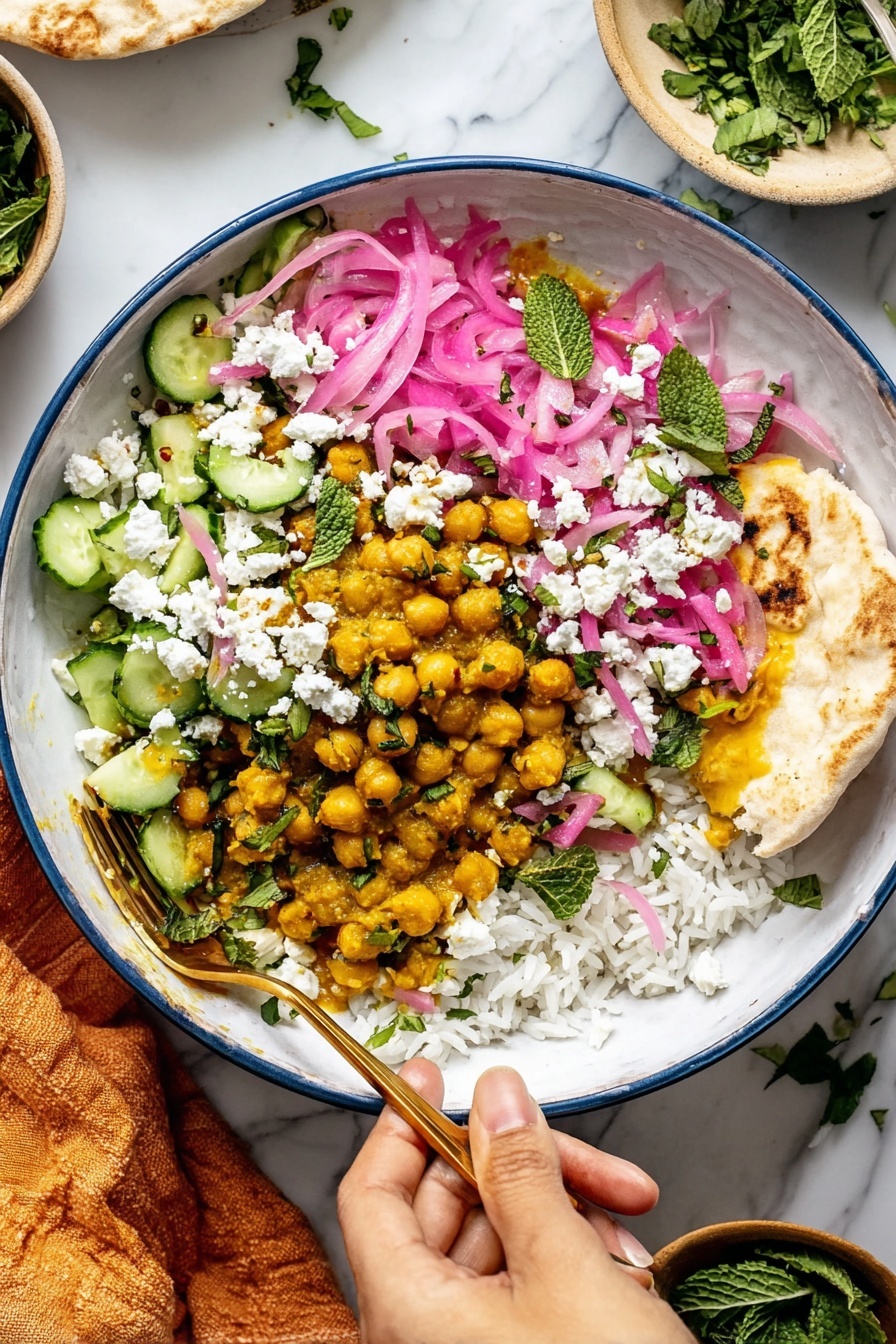This image shows a white bowl filled with three main layers: on the bottom left, there is a layer of cooked chickpeas with a golden yellow sauce; on the bottom right, there is a layer of white rice; on top, there is a mix of chopped cucumber slices, pink pickled onions, crumbled white cheese, chopped green herbs, and small mint leaves scattered around. A golden fork rests inside the bowl near the chickpeas. A woman's hand is holding a piece of flatbread dipped into the chickpeas layer. The background surface is white marble, and small bowls with green herbs and cucumber slices are placed around the bowl. Photo taken with an iphone --ar 2:3 --v 7 - Mediterranean Spiced Chicken Bowls, Mediterranean chicken dinner, flavorful chicken rice bowls, easy Mediterranean dinner, healthy chicken bowl recipes