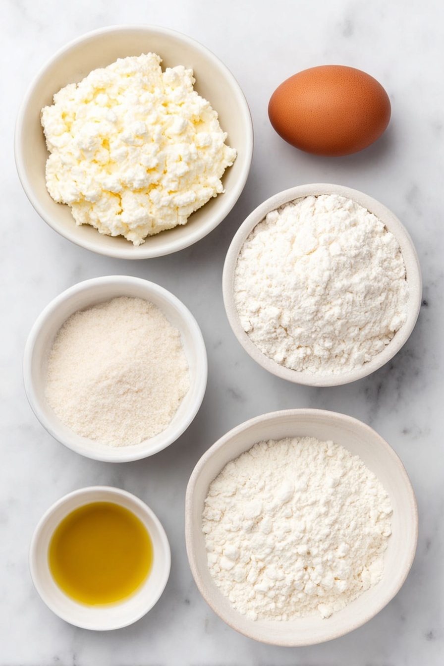 Flat lay of a small mound of fresh white cottage cheese, a simple white ceramic bowl filled with all-purpose flour, a clean white ceramic bowl holding fine baking powder, an uncracked brown egg with a smooth shell, a small white bowl with golden olive oil, and a pinch of coarse sea salt scattered neatly near the bowls, all ingredients arranged in perfect symmetry on a clean white ceramic plate beside the bowls, placed on a clean white marble surface, soft natural light, photo taken with an iPhone, professional food photography style, fresh ingredients, white ceramic bowls, no bottles, no duplicates, no utensils, no packaging --ar 2:3 --v 7 --p m7354615311229779997 - Cottage Cheese Flatbreads, quick flatbread recipe, easy bread recipes, healthy flatbreads, a delicious flatbread idea
