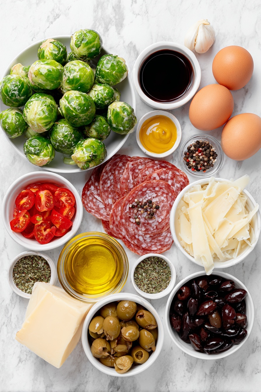 Flat lay of fresh trimmed Brussels sprouts whole and halved, a small white ceramic bowl of glossy olive oil, a small white ceramic bowl of deep red wine vinegar, a small white ceramic bowl of golden honey, a whole garlic clove, a small white ceramic bowl of Dijon mustard, a small white ceramic bowl of mixed Italian dried herbs, a small white ceramic bowl of coarse salt, whole black peppercorns scattered, a small white ceramic bowl of rinsed chickpeas, thinly sliced Genoa salami strips, halved bright red cherry tomatoes, a small white ceramic bowl of sliced black kalamata olives, a small white ceramic bowl of sliced green pepperoncinis, thinly sliced half red onion, small cubes of creamy provolone cheese, thin shavings of pale parmesan cheese, whole uncracked brown eggs placed apart (to represent eggs from the recipe's context), all arranged symmetrically and proportionally on a clean white marble surface, soft natural light, photo taken with an iPhone, professional food photography style, fresh ingredients, white ceramic bowls, no bottles, no duplicates, no utensils, no packaging --ar 2:3 --v 7 --p m7354615311229779997 - Italian Brussels Sprouts Salad, Brussels Sprouts Salad with Italian Dressing, Easy Brussels Sprouts Salad, Healthy Brussels Sprouts Side Dish, Vegetarian Brussels Sprouts Salad