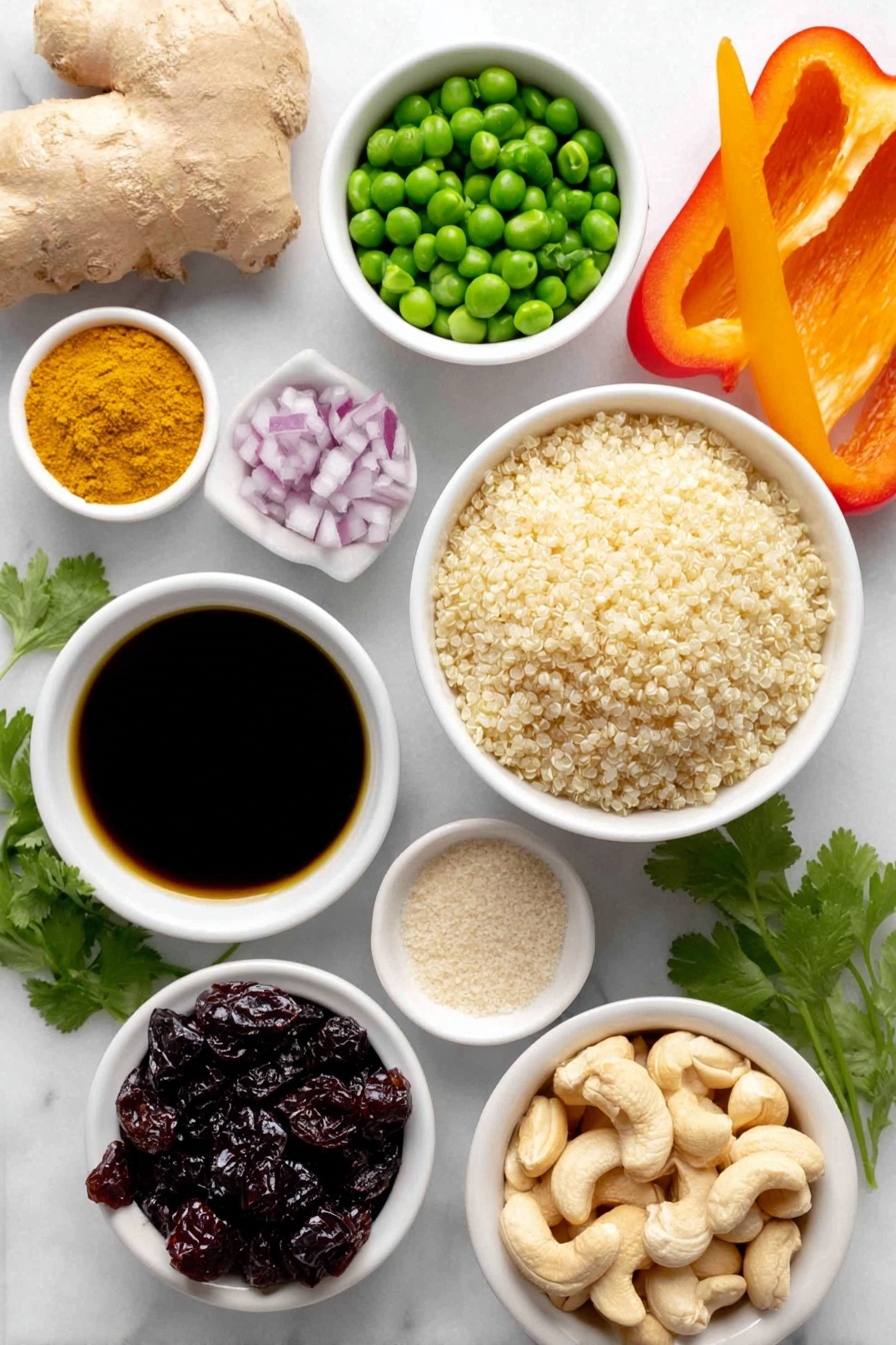 Flat lay of a small mound of fluffy cooked quinoa, a small white bowl of bright green thawed peas, a small white bowl of smooth golden sesame oil, a fresh piece of ginger root with a knobby texture, a heap of bright yellow curry powder, a pinch of vibrant turmeric powder, a small pile of beige garlic powder, a sprinkle of coarse sea salt crystals, freshly ground black peppercorns scattered lightly, a whole shiny red bell pepper, thin orange carrot sticks, a small white bowl of deep red dried cherries, small diced pieces of crisp red onion, finely chopped fresh cilantro leaves, finely chopped flat leaf parsley, a small white bowl filled with raw creamy beige cashews, a small white bowl of golden maple syrup, a pinch of bright red cayenne powder, coarse sea salt crystals sprinkled separately — all arranged symmetrically on a simple white ceramic plate and bowls placed on a clean white marble surface, soft natural light, photo taken with an iPhone, professional food photography style, fresh ingredients, white ceramic bowls, no bottles, no duplicates, no utensils, no packaging --ar 2:3 --v 7 --p m7354615311229779997 - Vibrant Curry Chickpea Quinoa Salad, healthy quinoa chickpea salad, spicy chickpea salad recipe, colorful vegetable quinoa salad, easy vegetarian salad