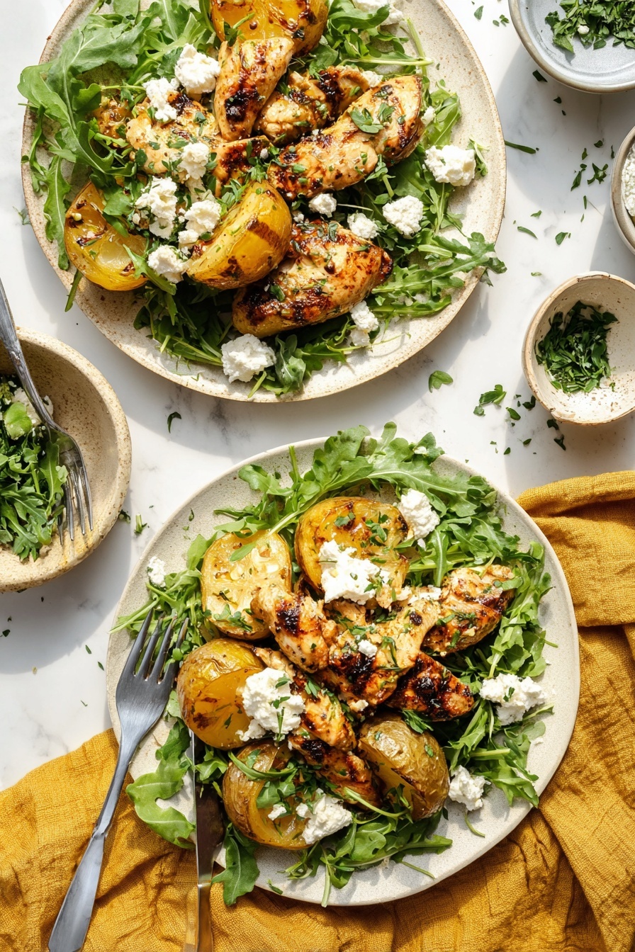 Two white plates sit on a white marbled surface with a soft golden cloth underneath. Each plate holds a bed of fresh green arugula leaves forming the base layer. On top are several pieces of golden-brown cooked chicken, showing light grill marks and a slightly shiny glaze. Mixed among the chicken are caramelized yellow onion slices and halved fingerling potatoes with a crisped, browned surface. Small dollops of white, crumbly cheese are scattered on top, along with fresh green herbs finely chopped and sprinkled for garnish. To the left of the lower plate are a knife and fork resting on the golden cloth, and small bowls with herbs and more cheese sit nearby. The lighting is bright and natural, capturing the textures clearly. photo taken with an iphone --ar 2:3 --v 7 - Lemon Garlic Chicken and Potatoes Bake, lemon garlic chicken sheet pan, easy lemon garlic chicken dinner, healthy baked chicken and potatoes, flavorful sheet pan chicken