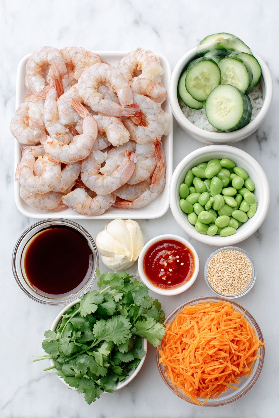 Flat lay of fresh raw shrimp with a light pink hue, a small pile of fluffy white cooked rice, a halved English cucumber with bright green seeds, a cup of vibrant green shelled edamame, thinly sliced orange shredded carrot, a whole glossy green jalapeño pepper, a small bunch of fresh cilantro leaves, a quarter cup of sliced green onion rings, a peeled whole garlic clove, a small pile of freshly grated pale yellow ginger, a small white ceramic bowl of dark reddish-brown low-sodium soy sauce, a small white ceramic bowl of bright red sweet chili sauce, a small white ceramic bowl of vibrant red Sriracha sauce, a small white ceramic bowl with golden light sesame oil, a small white ceramic bowl containing creamy pale mayo, a small white ceramic bowl filled with toasted light brown sesame seeds, and a sprinkle of crushed red pepper flakes -- all arranged with perfect symmetry and balanced proportions on a clean white marble surface, soft natural light, photo taken with an iPhone, professional food photography style, fresh ingredients, white ceramic bowls, no bottles, no duplicates, no utensils, no packaging --ar 2:3 --v 7 --p m7354615311229779997 - Spicy Shrimp Rice Bowls, spicy shrimp recipe, quick shrimp bowl, flavorful shrimp rice dish, easy seafood dinner