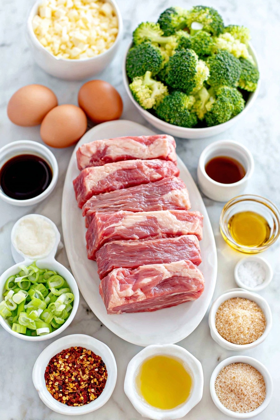 Flat lay of fresh raw flank steak slices arranged neatly on a simple white ceramic plate, a small white bowl of broccoli florets, a few green onions sliced thinly placed beside it, two whole uncracked brown eggs with clean shells, a small white bowl of freshly minced garlic, a small white bowl of light brown sugar, a small white bowl of soy sauce, a small white bowl of oyster sauce, a small white bowl of dark soy sauce, a small white bowl of black vinegar, a small white bowl of toasted sesame oil, a small white bowl of chicken broth, a small white bowl of cornstarch, a small white bowl of avocado oil, a small white bowl of red pepper flakes, a small white bowl of coarse salt, a small white bowl of freshly cracked black pepper, and a small white bowl containing baking soda, all placed on a clean white marble surface, soft natural light, photo taken with an iPhone, professional food photography style, fresh ingredients, white ceramic bowls, no bottles, no duplicates, no utensils, no packaging --ar 2:3 --v 7 --p m7354615311229779997 - Beef with Garlic Sauce, Chinese beef stir-fry, easy garlic sauce recipe, quick weeknight dinner, homemade Chinese takeout