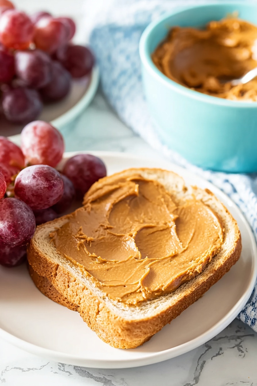 A white plate sits on a white marbled surface, holding one slice of light golden brown bread spread thickly with smooth, rich brown peanut butter. To the left of the bread are several shiny, plump dark red grapes. Behind the plate, a pale blue bowl filled with more peanut butter is visible. Soft natural light highlights the textures and colors in the scene. Photo taken with an iphone --ar 2:3 --v 7 - Homemade Cookie Butter Spread, cookie butter spread recipe, DIY cookie butter, how to make cookie butter, homemade spiced cookie butter