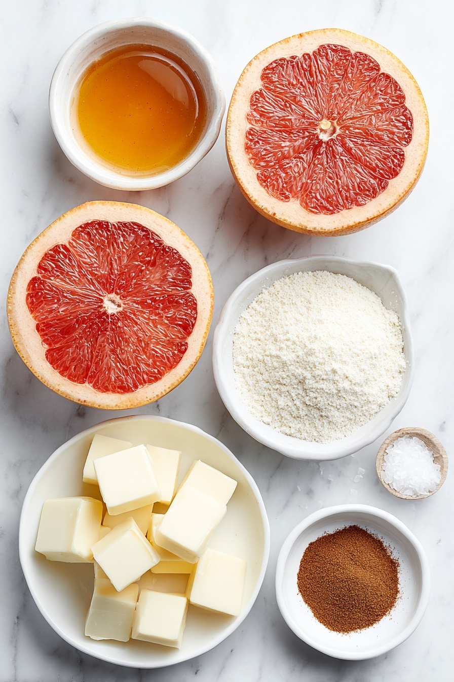 Flat lay of two halved fresh pink grapefruits with vibrant juicy flesh, a few small cubes of cold unsalted butter, a small heap of light golden packed brown sugar, a small mound of pale all-purpose flour, a white ceramic bowl containing a few bright amber teaspoons of honey, a small white bowl with warm brown ground cinnamon powder, a tiny pinch of light brown nutmeg powder in a white bowl, and a small heap of fine white salt, all arranged symmetrically in perfect proportions on simple white ceramic dishes and bowls, placed on a clean white marble surface, soft natural light, photo taken with an iPhone, professional food photography style, fresh ingredients, white ceramic bowls, no bottles, no duplicates, no utensils, no packaging --ar 2:3 --v 7 --p m7354615311229779997 - Caramelized Brown Sugar Grapefruit Bake, grapefruit breakfast ideas, easy citrus dessert, quick fruit bake, caramelized citrus recipes