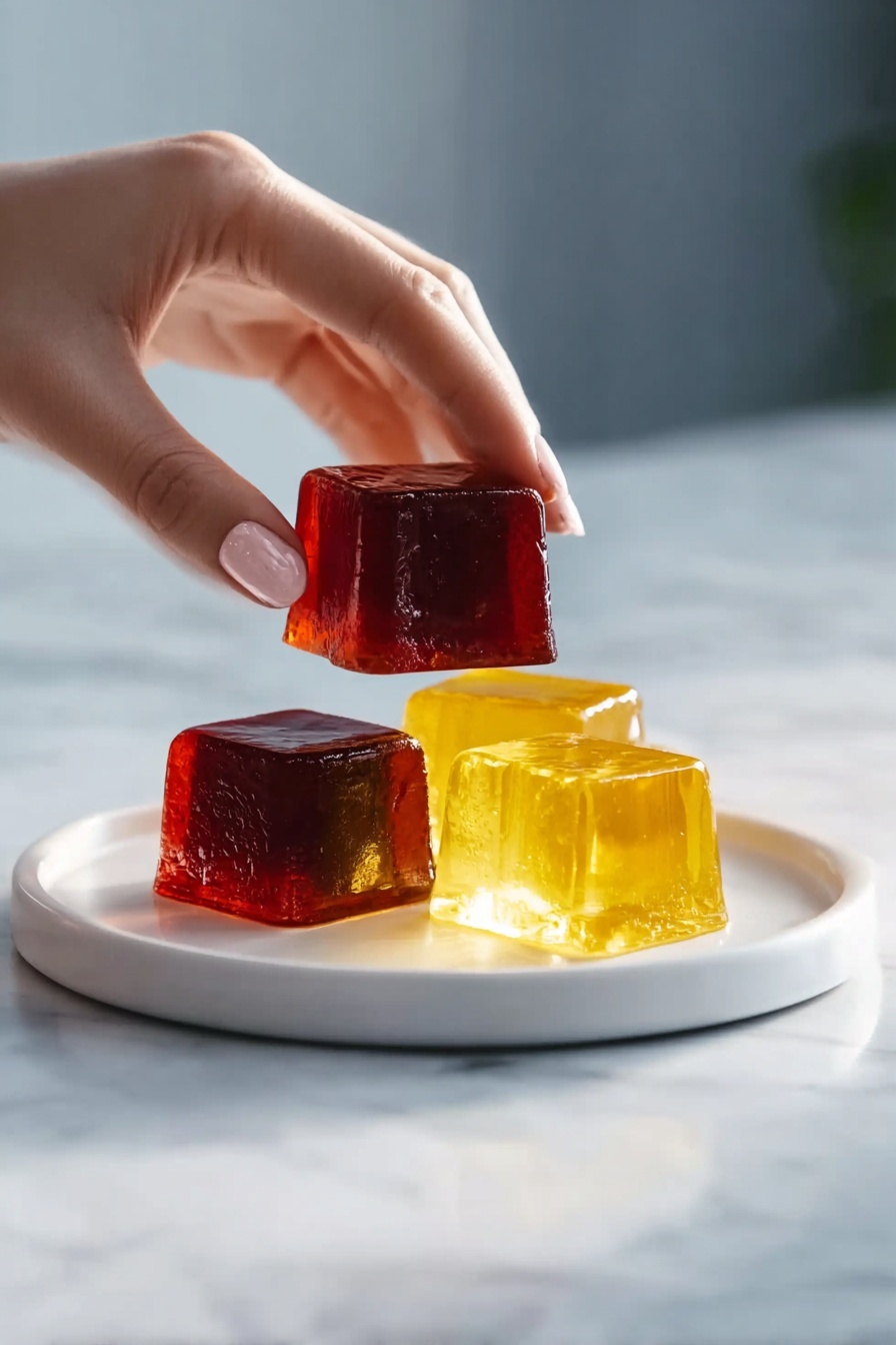 On a white plate with a white marbled surface beneath, there are three jelly squares arranged with two on the plate and one being held above by a woman's hand with light skin and painted nails. The jelly squares have clear, shiny textures with light glowing through them; two are dark red and one is bright yellow, all stacked or placed close together. The scene is soft-lit with a blurred background, giving a calm and clean look photo taken with an iphone --ar 2:3 --v 7 - Gelatin Weight Loss Drink, healthy gelatin drink for weight loss, natural metabolism booster, quick weight loss drink, appetite suppressant drink