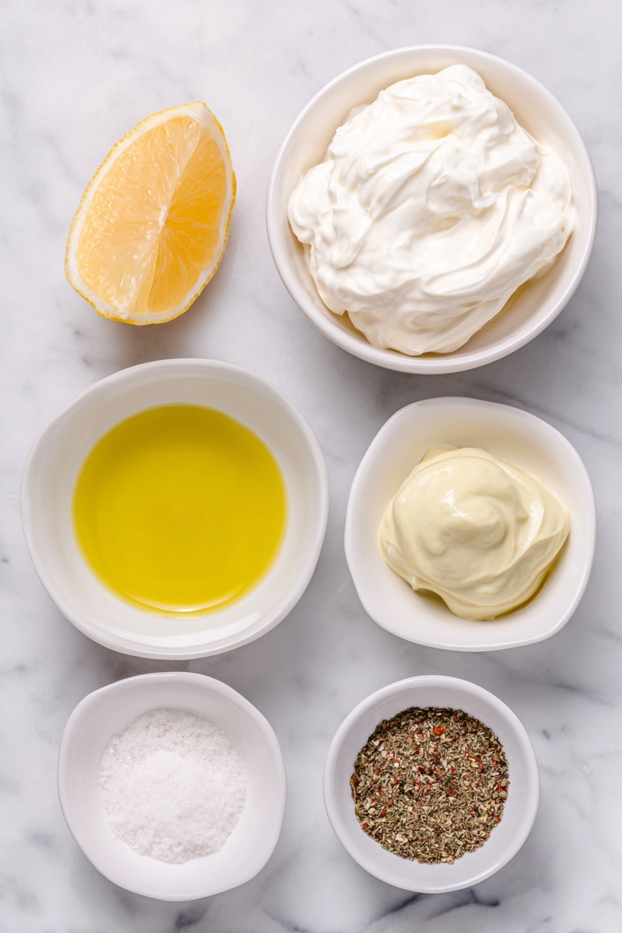 Flat lay of creamy white mayonnaise dollop, a small white ceramic bowl with bright yellow freshly squeezed lemon juice, a small white ceramic bowl filled with golden olive oil, a small white ceramic bowl holding smooth pale yellow Dijon mustard, a small white ceramic bowl with fine white garlic powder, a small white ceramic bowl of fine white salt, a small white ceramic bowl containing freshly ground black pepper, all arranged symmetrically and naturally fresh, placed on a clean white marble surface, soft natural light, photo taken with an iPhone, professional food photography style, fresh ingredients, white ceramic bowls, no bottles, no duplicates, no utensils, no packaging --ar 2:3 --v 7 --p m7354615311229779997 - Creamy Lemon Salad Dressing, lemon salad dressing, tangy salad dressing, easy salad dressing, healthy salad dressing