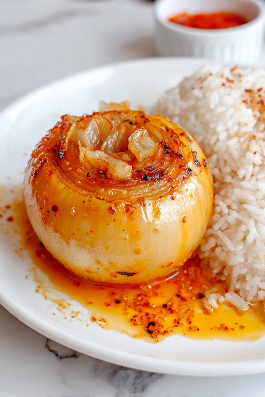 A whole cooked onion sits on a white plate, glazed with shiny orange sauce speckled with black and red spices, and small pieces of cooked onion visible through the top center. To the right of the onion, there is a mound of white fluffy rice with some sauce soaking into its edges. The plate rests on a white marbled surface, and in the background, a small white bowl with red sauce can be faintly seen. Photo taken with an iphone --ar 2:3 --v 7 - Viral TikTok Roasted Onion, roasted onion side dish, easy onion recipes, caramelized onion tutorial, TikTok onion trend