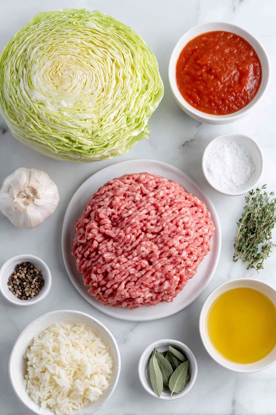 Flat lay of fresh green cabbage head with a few separated glossy cabbage leaves, a small white ceramic bowl of shiny uncooked long-grain parboiled rice, two fresh whole uncracked brown eggs, a small white bowl filled with minced bright yellow onion, a small white bowl with minced garlic cloves, a portion of raw ground beef next to raw ground pork both bright red and pinkish respectively, a small white bowl of rich red tomato sauce, a small white bowl of golden olive oil, a small white bowl of clear light golden chicken broth, a small white bowl containing dried thyme and sage herbs, and a few whole black peppercorns and coarse salt crystals arranged neatly on a simple white ceramic plate placed on a clean white marble surface, soft natural light, photo taken with an iPhone, professional food photography style, fresh ingredients, white ceramic bowls, no bottles, no duplicates, no utensils, no packaging --ar 2:3 --v 7 --p m7354615311229779997 - Easy Baked Cabbage Rolls with Beef and Rice, baked cabbage roll recipe, beef and rice cabbage rolls, hearty stuffed cabbage, simple cabbage roll dish