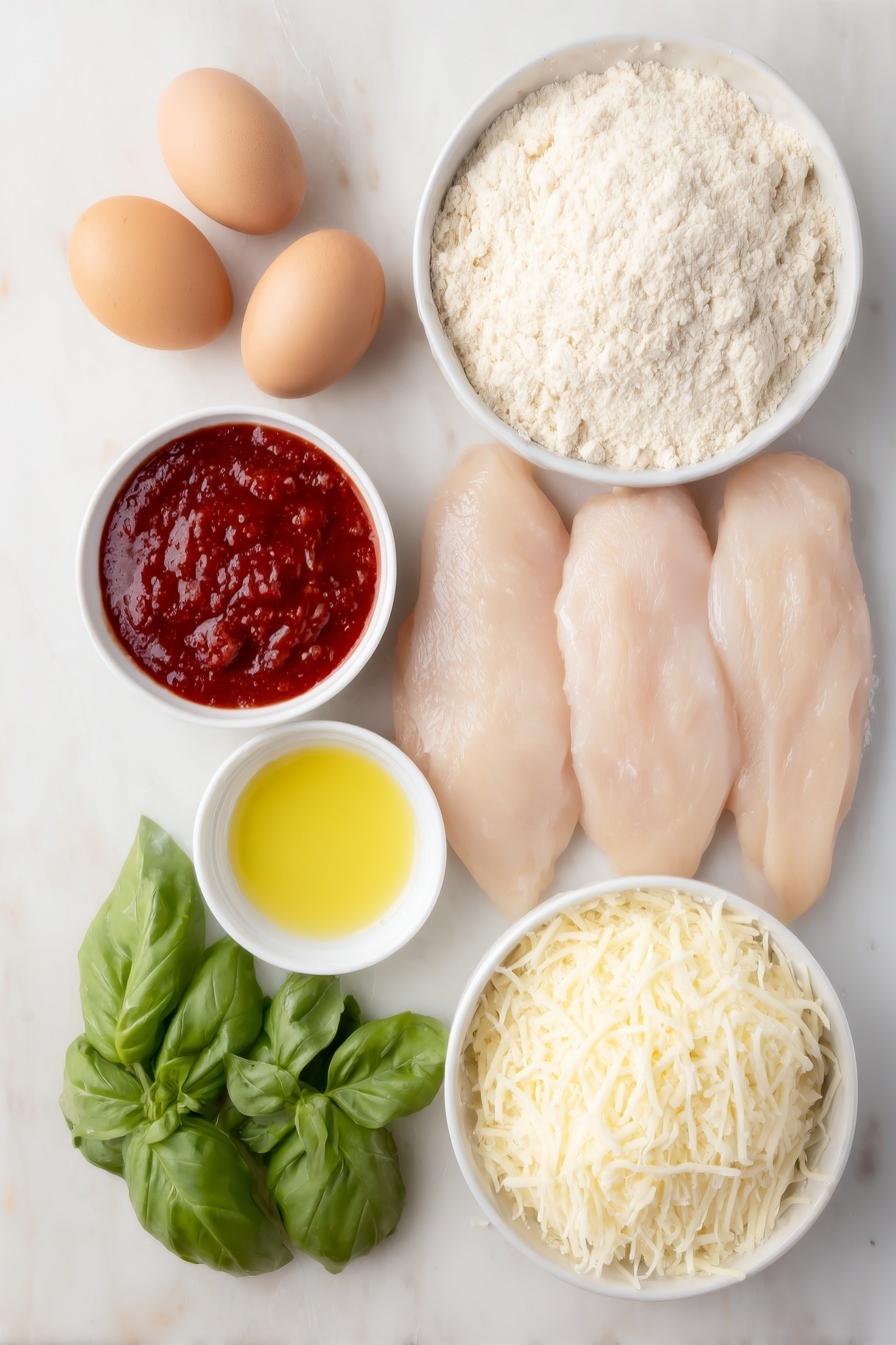 Flat lay of two large raw chicken breasts, a small white ceramic bowl of all-purpose flour mixed with visible salt and black pepper, two whole uncracked brown eggs, a small white ceramic bowl filled with Italian bread crumbs mixed with shredded parmesan cheese, a small white ceramic bowl of light olive oil, a small white ceramic bowl of rich red marinara sauce, a small pile of shredded mozzarella cheese, and a few fresh bright green basil leaves, all arranged with perfect symmetry and balanced proportions, placed on a clean white marble surface, soft natural light, photo taken with an iPhone, professional food photography style, fresh ingredients, white ceramic bowls, no bottles, no duplicates, no utensils, no packaging --ar 2:3 --v 7 --p m7354615311229779997 - Easy Chicken Parmesan, chicken parmesan, crispy chicken parmesan, cheesy chicken parmesan, Italian chicken dishes