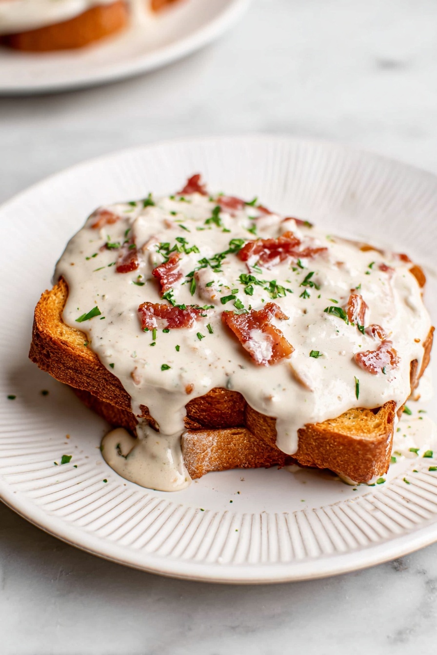The image shows a close-up of a black pan filled with thick, creamy white sauce mixed with small, thin pieces of reddish-brown meat scattered evenly throughout. A dark brown-handled spoon is partially dipped into the sauce on the right side of the pan. The pan is placed on a white marbled surface with a soft, out-of-focus slice of bread in the background on the upper left side. The texture of the sauce looks smooth with small bits adding visual contrast. Photo taken with an iphone --ar 2:3 --v 7 - Chipped Beef on Toast, easy chipped beef recipe, comfort food recipes, hearty breakfast ideas, quick dinner recipes