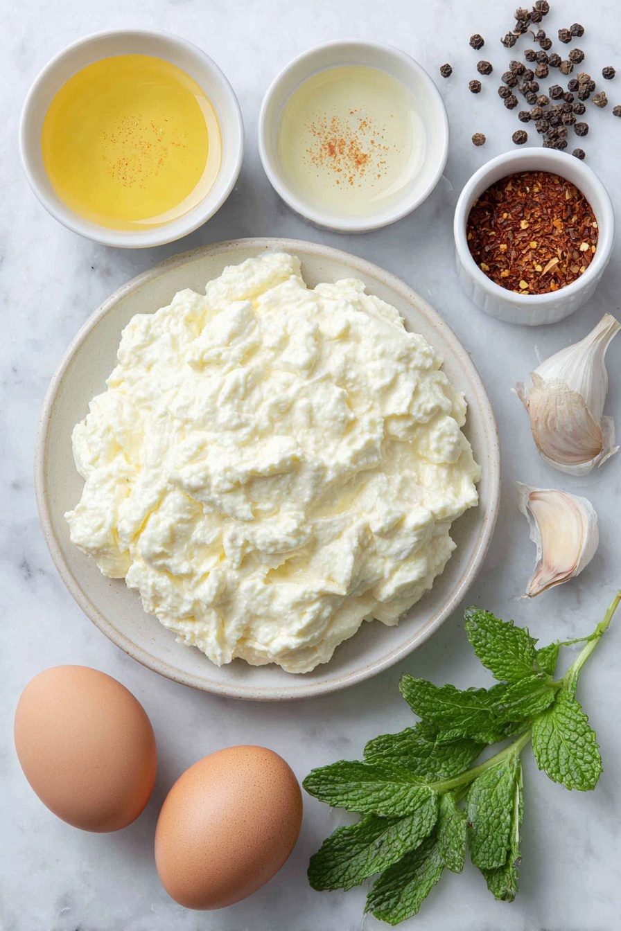 Flat lay of a small mound of creamy Turkish yogurt on a simple white ceramic plate, a few sprigs of fresh dill and fresh mint leaves arranged neatly beside it, a small white bowl with melted golden butter, a small white bowl filled with bright red chili flakes, a small white bowl containing smoked paprika powder, two whole brown eggs with clean shells placed side by side, a small white bowl with clear vinegar, and a halved garlic clove next to a few scattered black peppercorns, all placed on a clean white marble surface, soft natural light, photo taken with an iPhone, professional food photography style, fresh ingredients, white ceramic bowls, no bottles, no duplicates, no utensils, no packaging --ar 2:3 --v 7 --p m7354615311229779997 - Turkish Eggs with Spiced Yogurt, Turkish Eggs, Spiced Yogurt Eggs, Poached Eggs with Spiced Yogurt, Middle Eastern Egg Dish