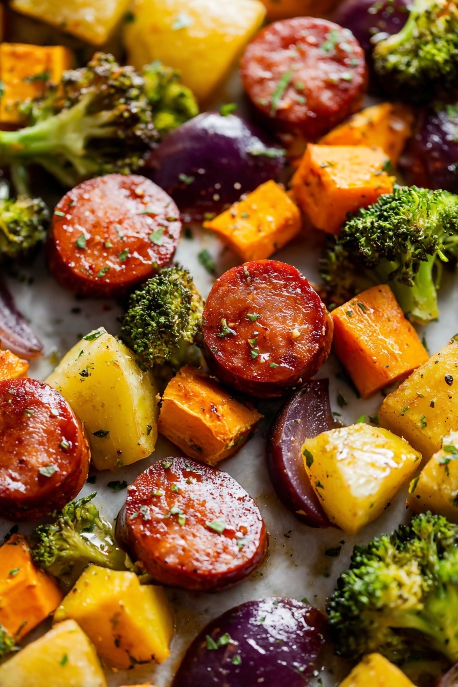 The image shows a close-up view of roasted vegetables and sausage slices on a white marbled surface. There are round, glossy, reddish-brown sausage slices with a slight glaze, surrounded by small cubes of bright orange sweet potatoes and chunks of yellow and purple potatoes with a roasted texture. Small, vibrant green broccoli florets are scattered among the vegetables and sausage, adding contrast in color and texture. The mixture has a light coating of herbs and seasoning, giving it a slightly shiny and tasty look. Photo taken with an iphone --ar 2:3 --v 7 - Honey Garlic Kielbasa Sheet Pan, Kielbasa sheet pan dinner, easy kielbasa recipes, one-pan sausage meals, quick weeknight dinners