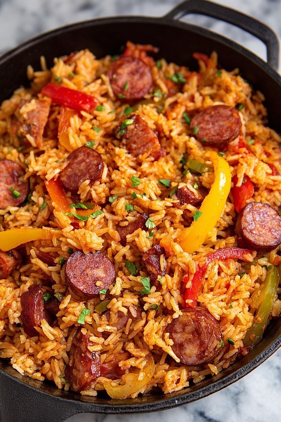 A close-up of a black cast iron pan filled with cooked rice mixed with slices of reddish-brown sausage and thin strips of red and yellow bell peppers. The rice is orange-tinted, showing it is well-mixed with spices, and there are small green herb bits scattered throughout. The food looks scattered but well combined, with some pieces of sausage slightly browned on the edges for texture. The pan sits on a white marbled surface. photo taken with an iphone --ar 2:3 --v 7 - Sausage and Rice Skillet, hearty one-pan meals, quick dinner recipes, easy weeknight meals, flavorful sausage dishes