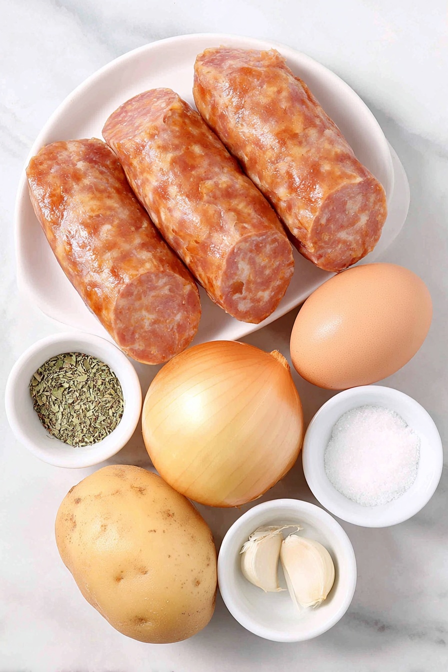 Flat lay of a few slices of fresh kielbasa sausage with a reddish-brown casing, five medium-sized unpeeled russet potatoes, one whole Vidalia onion with shiny golden skin, a single uncracked brown egg with a smooth shell, one garlic clove with papery white skin, a small white bowl of bright reddish paprika powder, a small white bowl of coarse kosher salt, and a small white bowl of dried green oregano leaves, all arranged in perfect symmetry on a simple white ceramic plate and bowls, placed on a clean white marble surface, soft natural light, photo taken with an iPhone, professional food photography style, fresh ingredients, white ceramic bowls, no bottles, no duplicates, no utensils, no packaging --ar 2:3 --v 7 --p m7354615311229779997 - Kielbasa and Potatoes Skillet, hearty kielbasa skillet, easy sausage and potato dish, one-pan kielbasa recipe, simple weeknight dinner