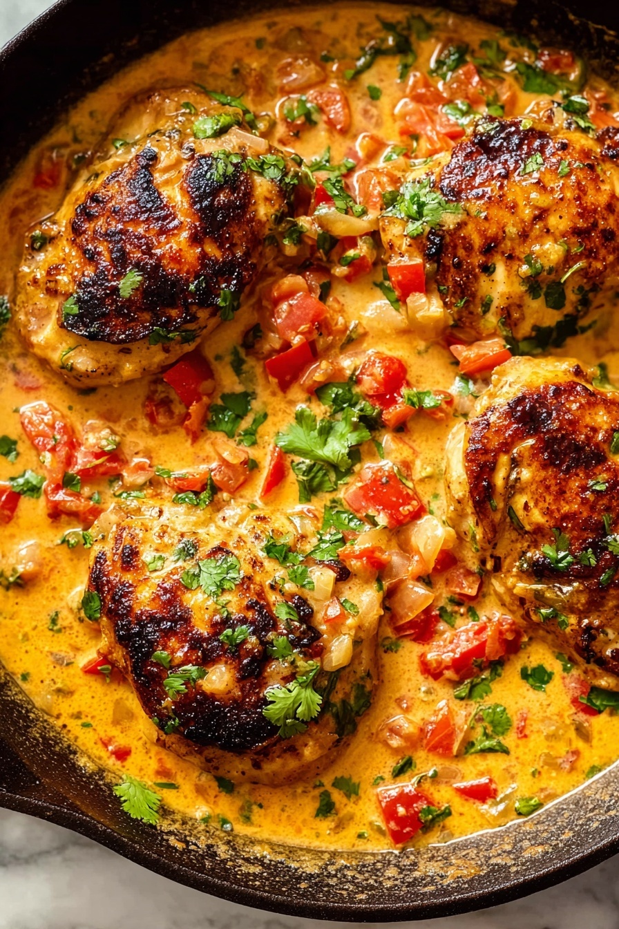 The image shows a skillet filled with four browned pieces of chicken in a creamy orange sauce. The sauce is creamy with visible red tomato chunks and small bits of onion mixed in. Fresh green herbs, likely cilantro or parsley, are scattered across the top and around the chicken, adding color contrast. The chicken pieces have a slightly charred look on some edges, giving a textured surface. The skillet is full and the creamy sauce almost covers the chicken, making it look rich and inviting. The background is a white marbled texture. Photo taken with an iphone --ar 2:3 --v 7 - Coconut Milk Chicken, Coconut Milk Chicken Recipe, Easy Coconut Chicken Dinner, Creamy Coconut Chicken, Tropical Chicken Recipe