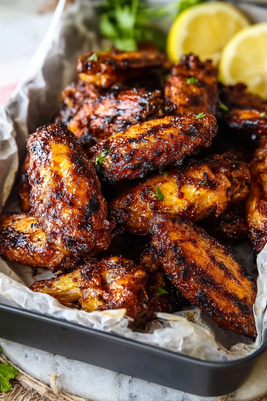 A black metal tray filled with two layers of dark brown grilled chicken wings, each wing showing a crispy, textured skin with a slight shine from the glaze, sitting on white parchment paper lining the tray. The tray is placed on a white marbled surface with lemon wedges arranged partly visible on the right side and some green herbs on the upper left corner in the background. photo taken with an iphone --ar 2:3 --v 7 - Baked Chicken Wings with Spicy Marinade, spicy baked chicken wings, crispy baked chicken wings, flavorful chicken wing recipe, easy baked wing marinade