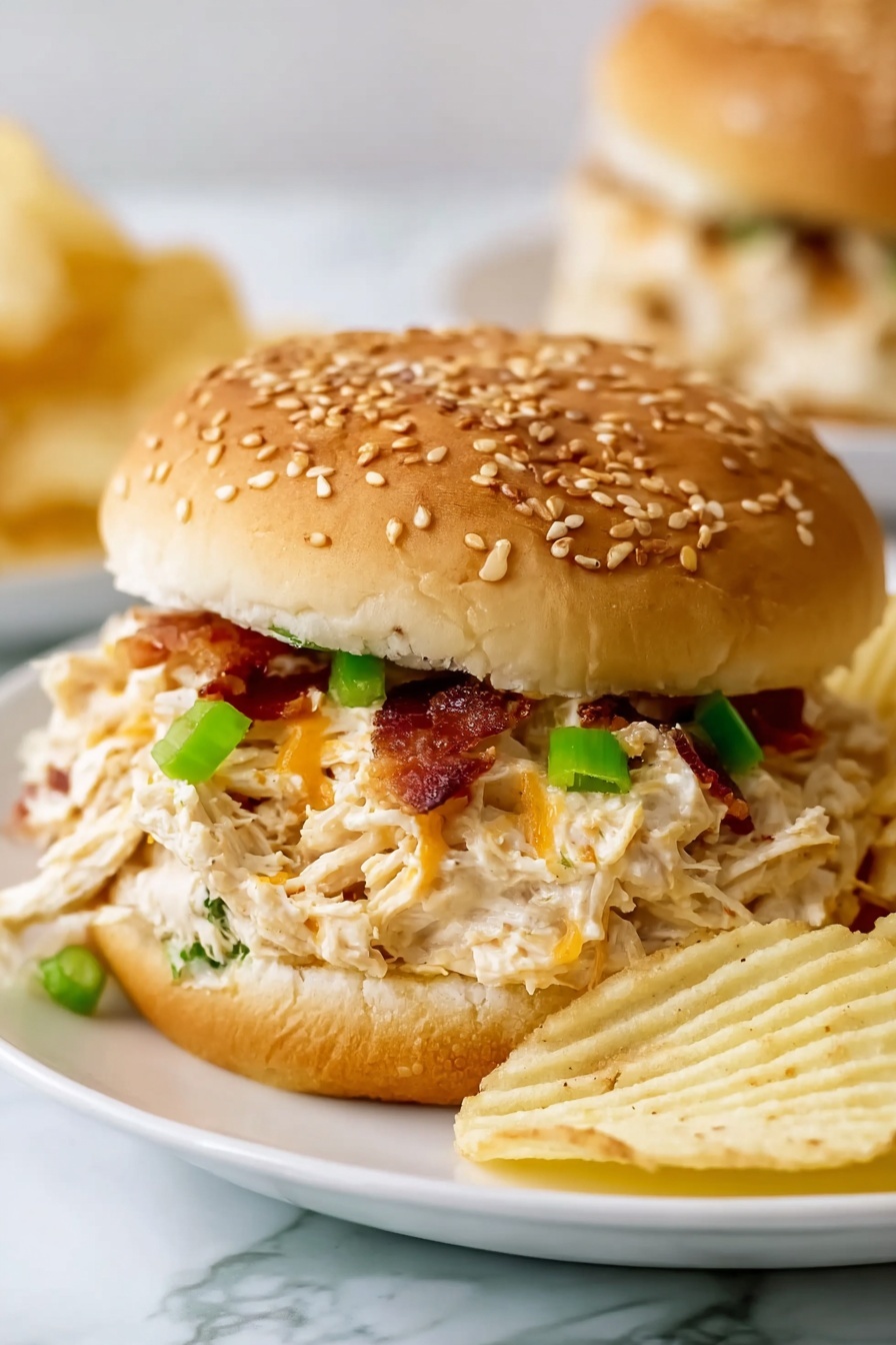 The image shows a close-up of a sandwich on a white plate with a white marbled surface background. The sandwich has a sesame seed bun with the top slightly tilted to the side, revealing the filling inside. The filling has several layers: shredded chicken mixed with a creamy sauce, small pieces of green onion, and bits of crispy bacon or similar meat with an orange tint, likely melted cheese, scattered throughout. In front of the sandwich, there are ridged potato chips resting on the plate. There is another sandwich blurred in the background. Photo taken with an iphone --ar 2:3 --v 7 - Crock Pot Crack Chicken, creamy chicken slow cooker, cheesy chicken recipe, easy slow cooker dinner, family-friendly crockpot chicken