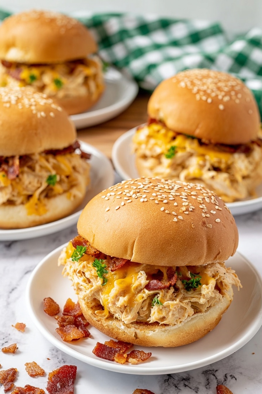 The image shows four chicken sandwiches on white plates placed on a wooden surface. Each sandwich has a soft sesame seed bun with a thick layer of shredded chicken mixed with melted yellow cheese and small pieces of reddish bacon. The chicken filling looks creamy and slightly textured, with bits of green herbs visible inside. One sandwich in the front is in clear focus with the filling spilling slightly over the bun edges, while the other three are in the blurred background. Scattered bacon bits and green herb pieces are visible around the plates, and a blue and white cloth is partially visible in the back. Photo taken with an iphone --ar 2:3 --v 7 - Creamy Crockpot Crack Chicken, slow cooker crack chicken, easy crack chicken recipe, comfort food crockpot dish, cheesy shredded chicken