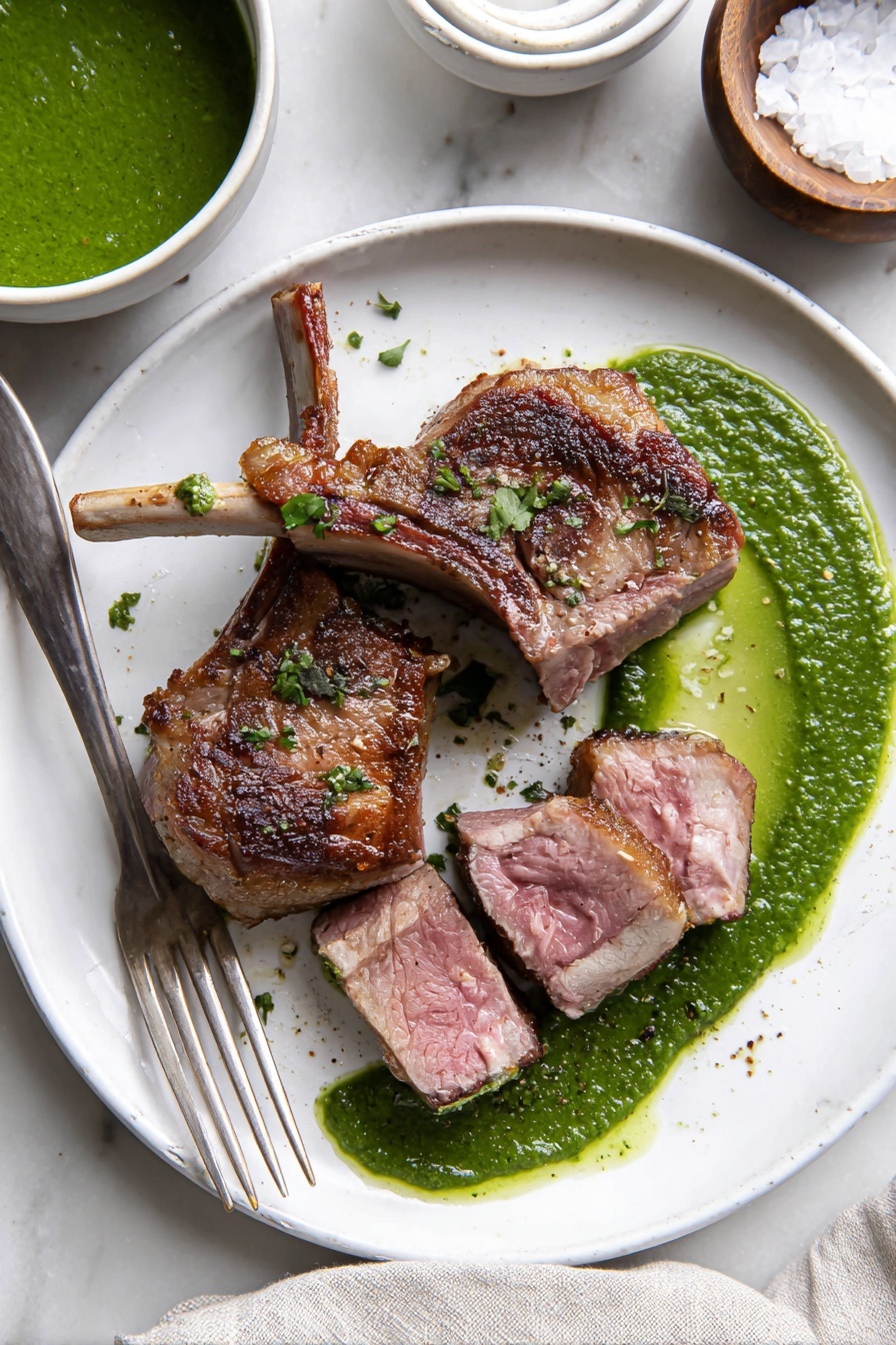 A white plate holds five pieces of cooked meat with a bone in the center piece; the meat has a browned outer layer with some herbs sprinkled on top, and the inside is pink and tender showing different shades of red and light brown. On the left side of the plate, there is a thick green sauce with a smooth texture. In the background, a small wooden bowl filled with coarse salt sits on a white marbled surface. A corner of a grey and white cloth is visible at the bottom of the image. photo taken with an iphone --ar 2:3 --v 7 - Garlic Herb Lamb Chops Marinade, lamb chops marinade, easy lamb marinade, juicy lamb chops recipe, herb-infused lamb chops